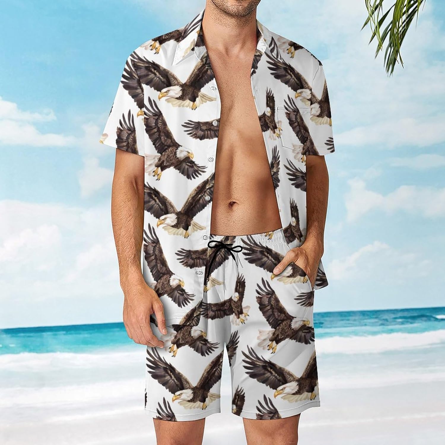 Flying Eagle Men's Summer Beach Outfits Shirt And Shorts Set 2 Piece Vacation Swimwear