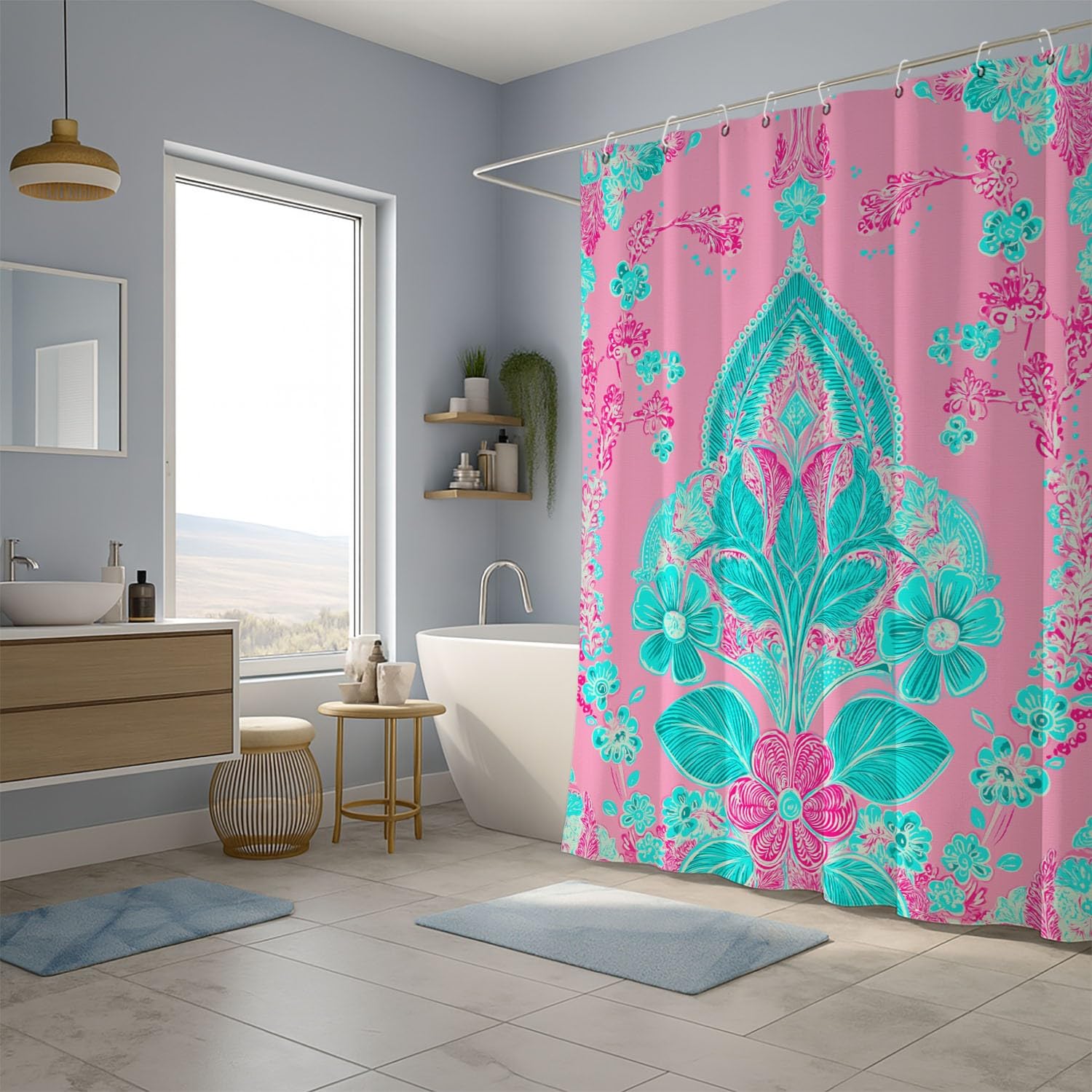 Generico Fantasia Tenda Da Doccia Simmetria Elegante Fiori Rosa Ciano, Tenda Da Doccia Per Bagno, Vasca Da Bagno, Tenda In Poliestere Impermeabile Con Ganci In Plastica, 180 x 200 cm
