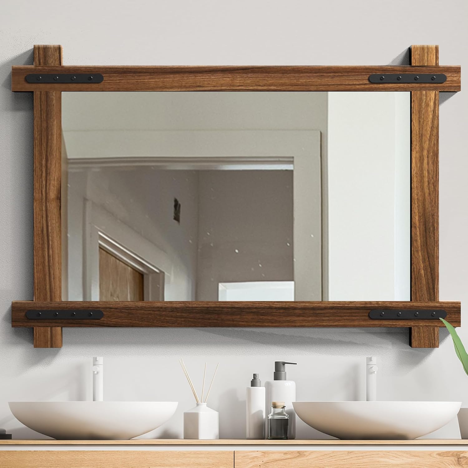 YOSHOOT Farmhouse Wood Bathroom Mirror, 32x24 Rustic Wall Mirror, Round Corner Vanity Mirror for Decor, Vertical or Horizontal Hanging, Selected Wood, 100% Handmade