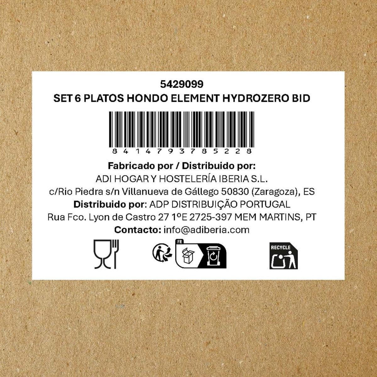 Bidasoa Set de 6 platos hondos Element Hydrozero de porcelana 23 cm | Beige, Porcelana, formato redondo, acabado decorado, 23 cm, 6 piezas, apilable, apto para microondas