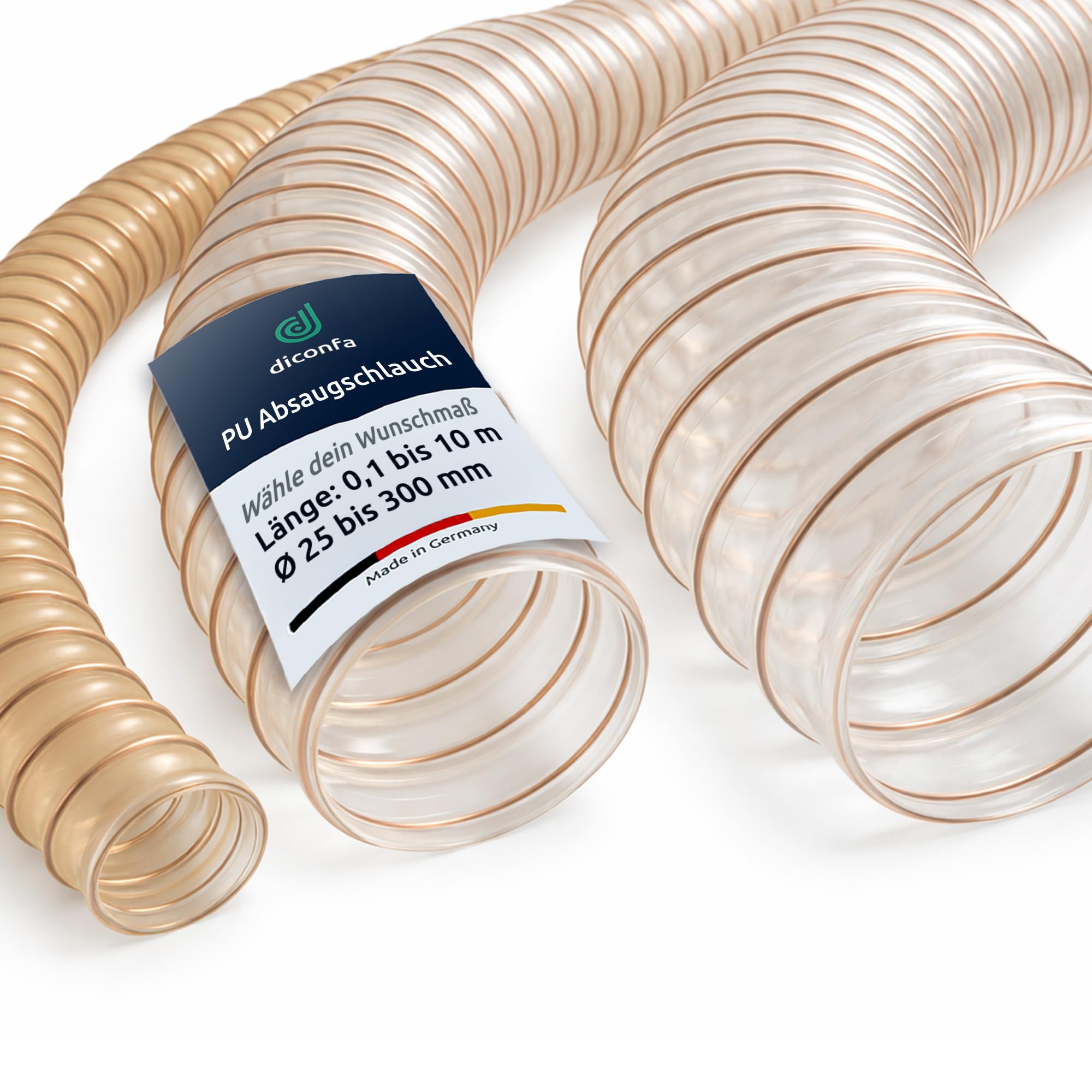 diconfa PU Absaugschlauch transparent 0,4mm - WÄHLEN - Länge: 0,1 bis 10m + Durchmesser 25 bis 300mm - Innendurchmesser 100mm, 2,5m lang - Schlauch nach Maß für Absauganlage Staub Luft Späne