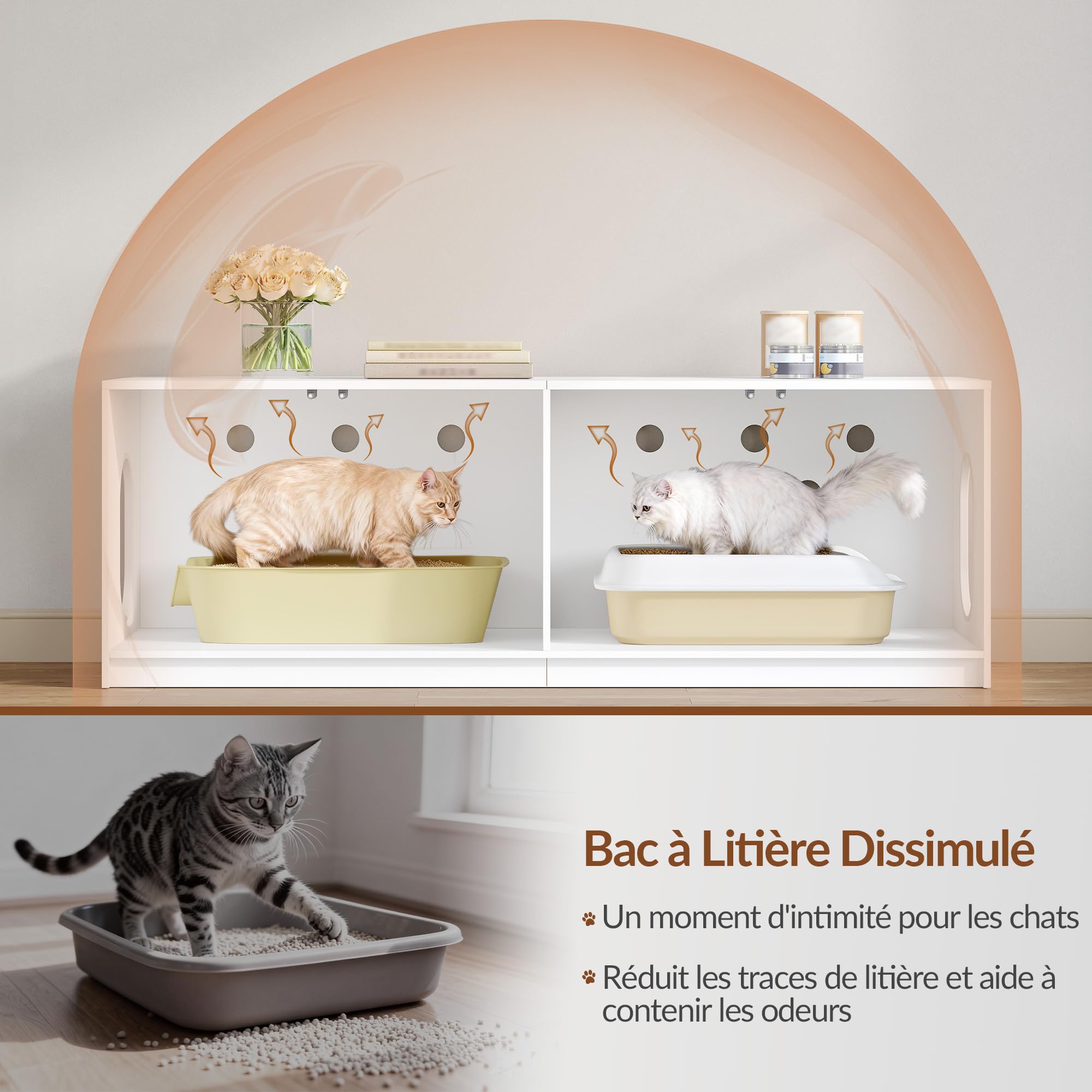 Meuble Litiere pour 2 Chats, 120 x 50 x 51,5 cm, Blanc