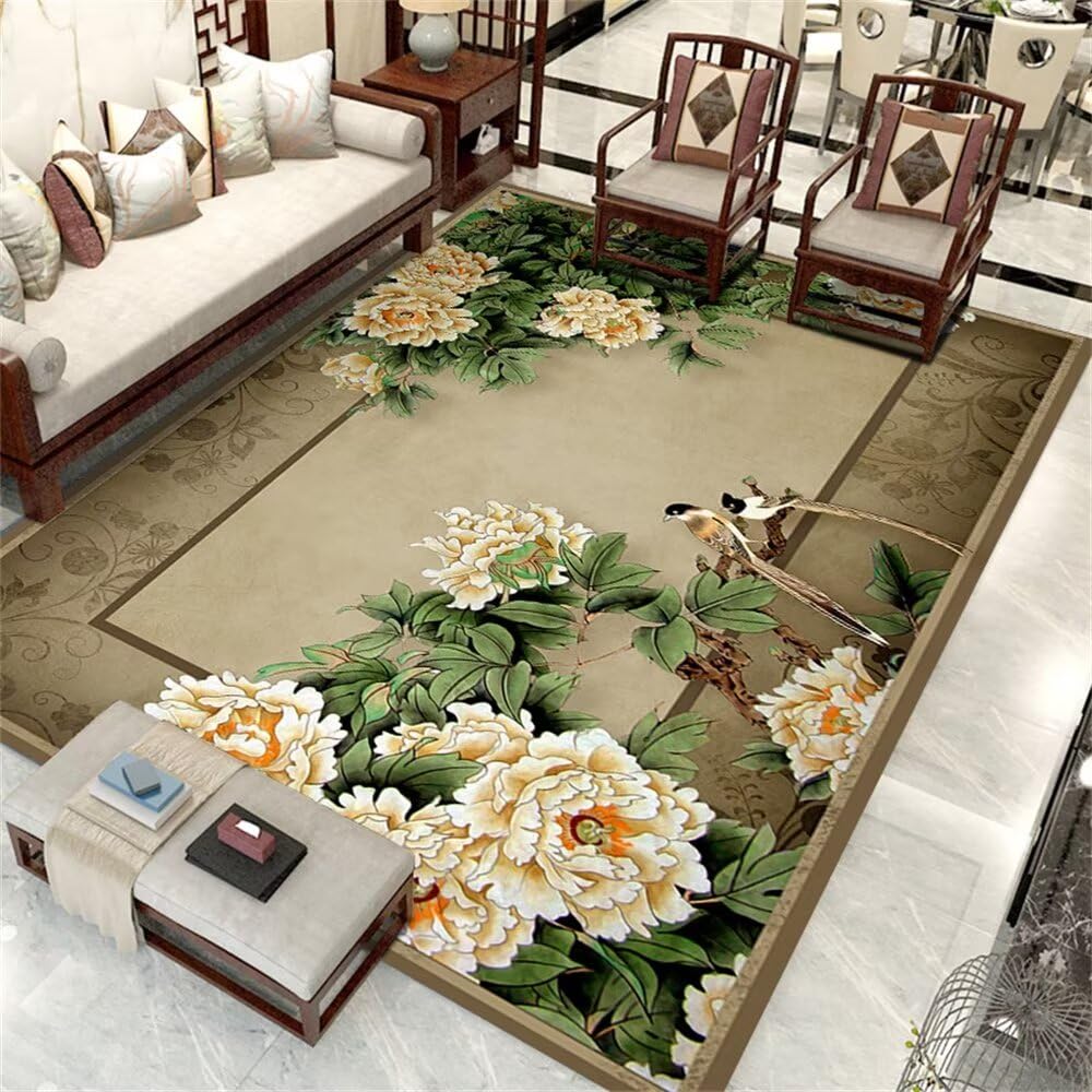 Grand tapis lavable vert motif oriental classique pour couloir