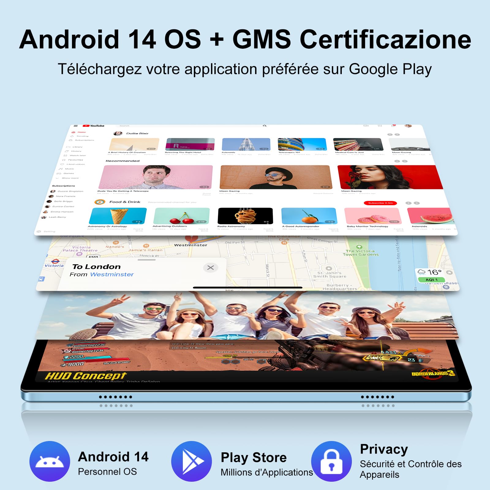 ZIOVO Tablet 10 Pollici Tablet Android 14, 22GB RAM+128GB ROM (TF 1TB), 5G WiFi/Supporto Widevine L1/Octa-Core/8000mAh/Corpo Metallico/8+5MP/BT 5.0, 2 in 1 Tablets con Tastiera e Mouse - Blu