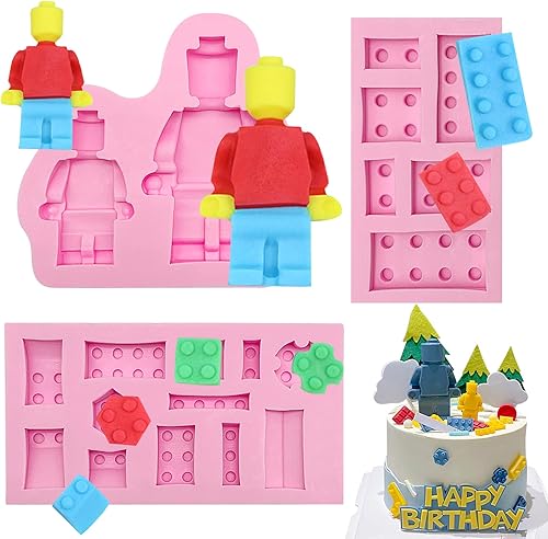Moldes de chocolate para fondant de robot, ladrillos de construcción, moldes de silicona 3 piezas, para decoración de pasteles de niños, arreglos de