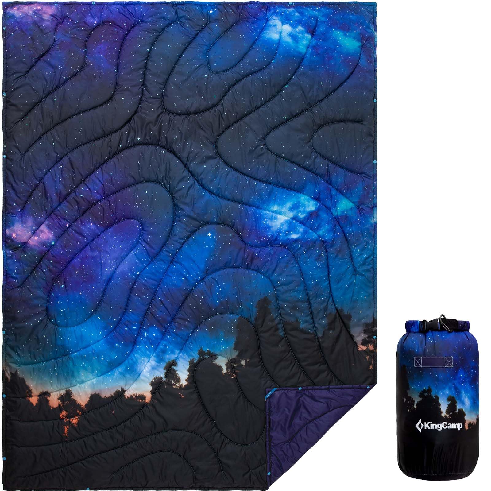Photo 1 of KingCamp Ultralight Camping Blanket, Packable Down Alternative Puffy Printed Wearable Blanket with Snap Buttons & Corner Loops Weatherproof Quilt for Outdoor Travel Stadium (78.7"L x 57.1"W)