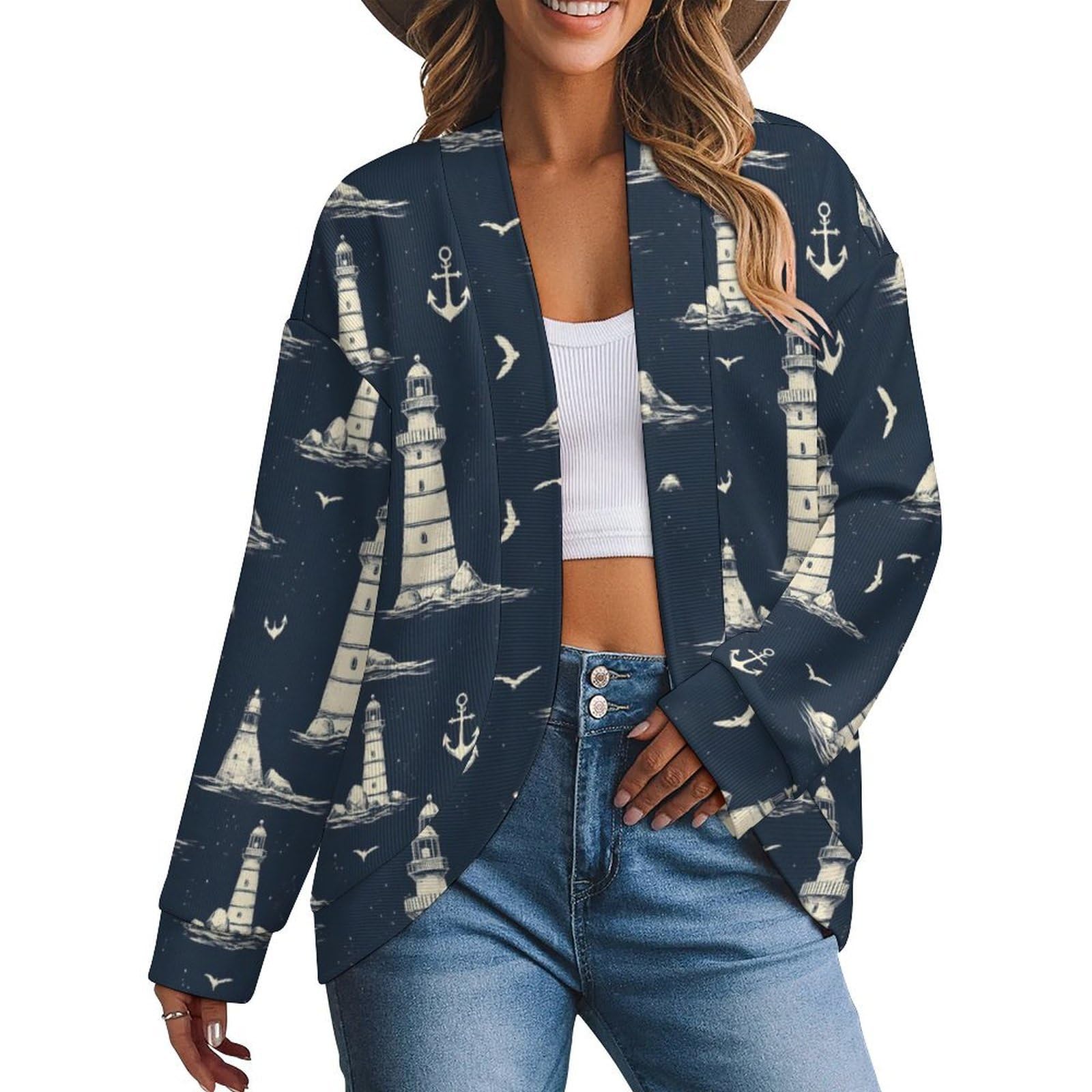 Fall Cardigan Sweaters for Women Trendy - Lighthouse Anchor Seagull Print Ladies Cozy Shrugs Lightweight Cardigan