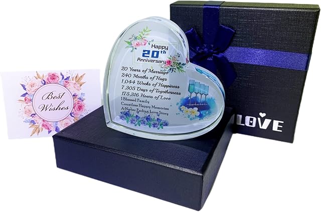 20th China Wedding Anniversary Romantic Gifts for Women,20 Years Anniversary Wedding Gifts for Wife Girlfriend Couple, Crystal Heart Marriage Keepsake,20th Wedding Anniversary Present for Her Blue