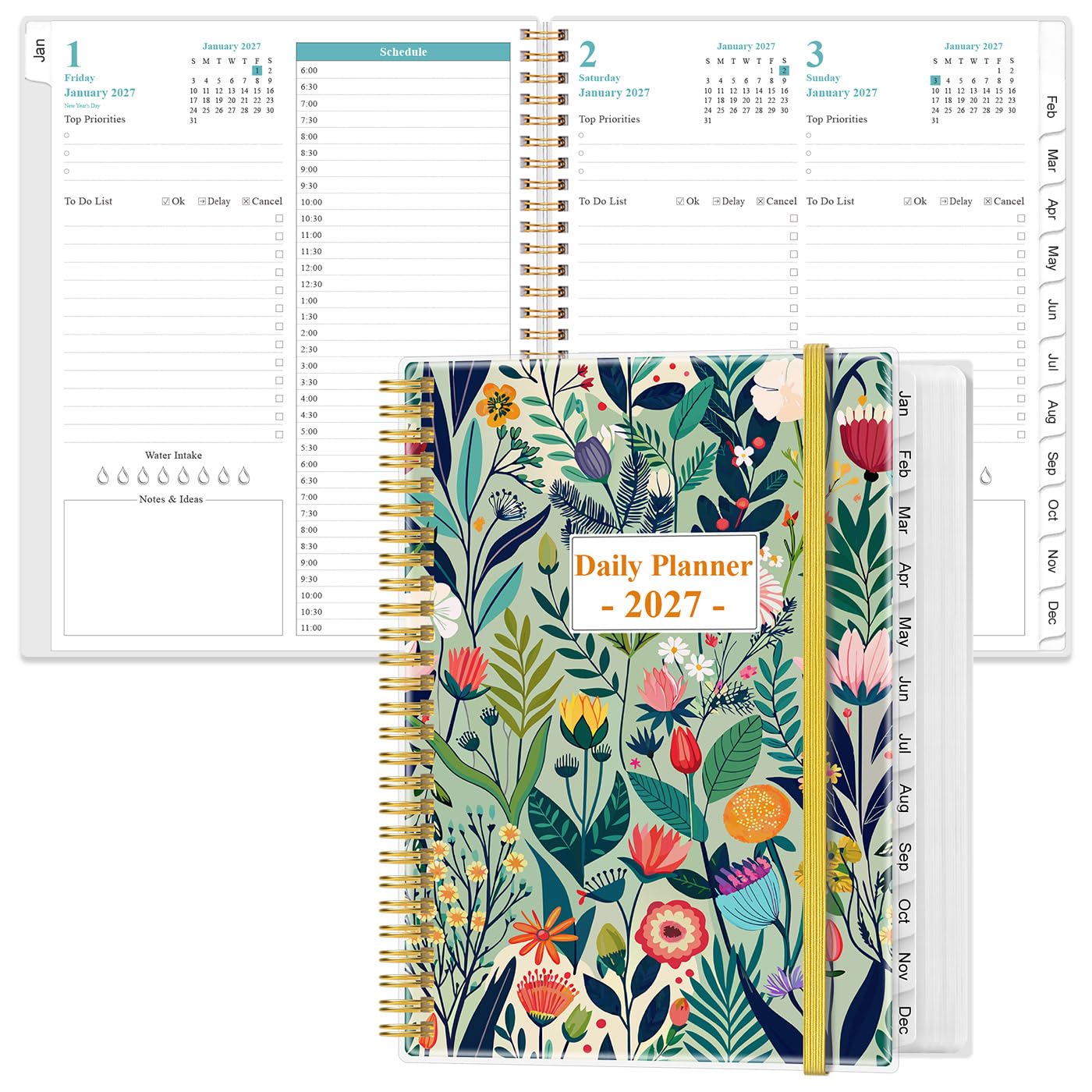 Agenda giornaliera e mensile 2027, una pagina al giorno, agenda giornaliera da gennaio 2027 a dicembre 2027, planner 2027 con 12 linguette mensili, 21,6 x 27,9 cm, Flower-E