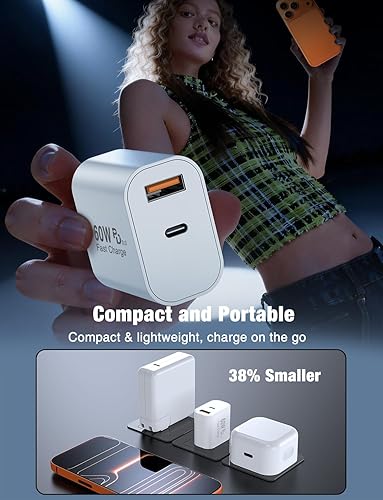 Miniatura 5 de Cargador rápido USB C de 60 W para iPhone 17/16/15 Pro Max, paquete de 2 bloques de carga de pared PD 3.0 de doble puerto con cable USB C de 6 pies