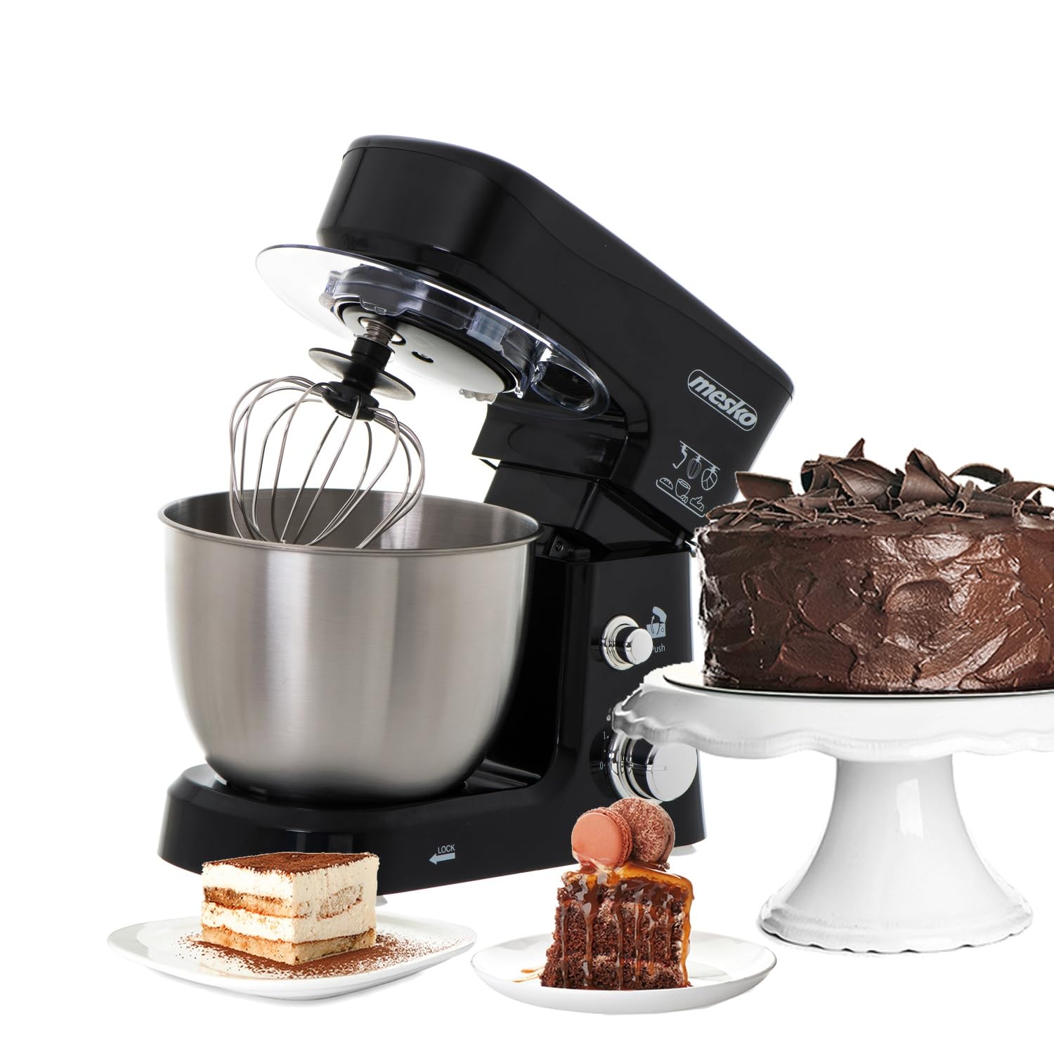MESKO MS 4217 - Robot da cucina con ciotola da 3,5 l, in acciaio INOX, 6 velocità, gancio impasto, frusta, frusta, 1200 W, paraspruzzi, impastatrice