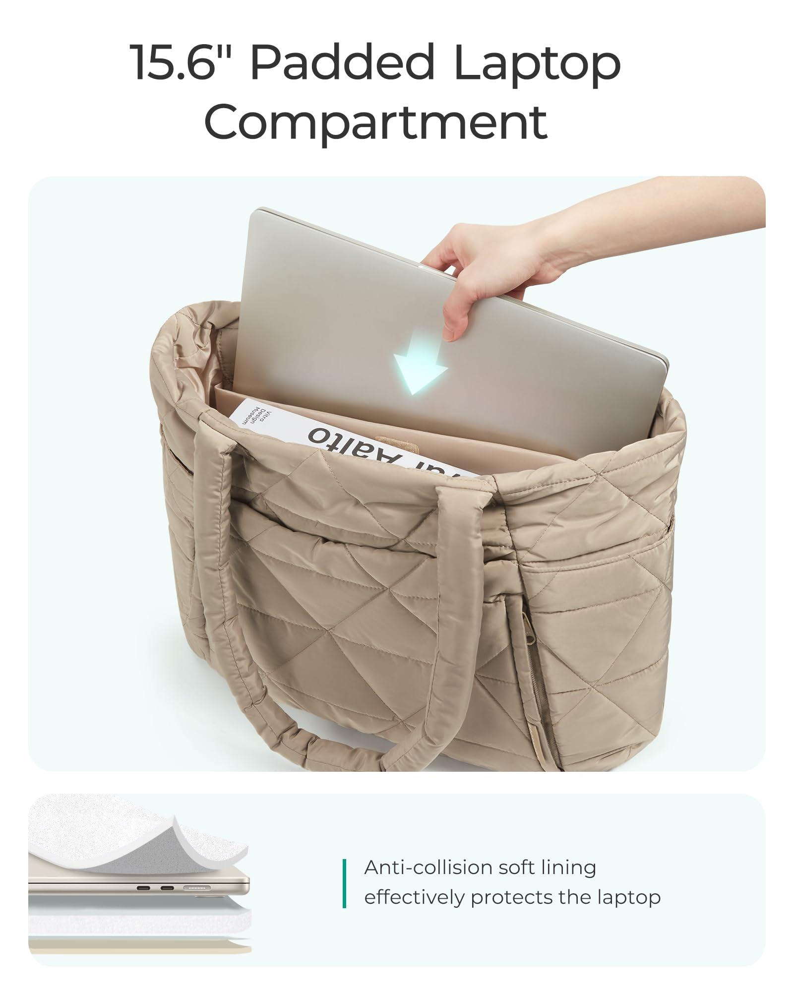 bagsmart Handtasche Damen Shopper Tasche, Puffer Tote Bag Arbeitstasche 15,6 Zoll Laptoptasche Lehrertasche mit Reißverschluss, Leichte taschen für Reisen, Arbeit, Schule und Strandurlaub