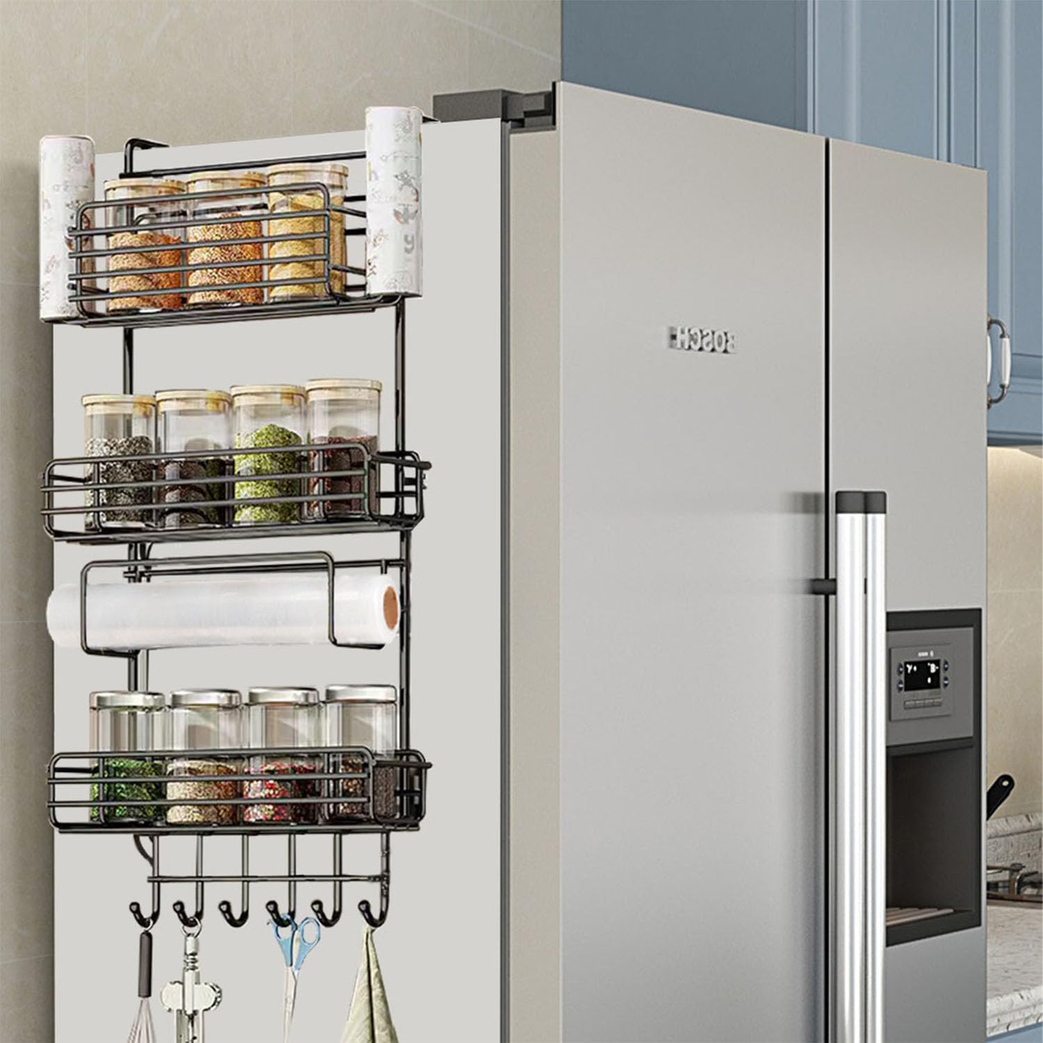 TocTen Spice Rack for Refrigerator, Strong Self Adhesive Spice Storage Rack, Space-Saving Fridge Spice Organizer, Metal Spice Rack Shelf for Kitchen, Cabinet, or Pantry Door (Black, 5 Tier) Black 5 Tier