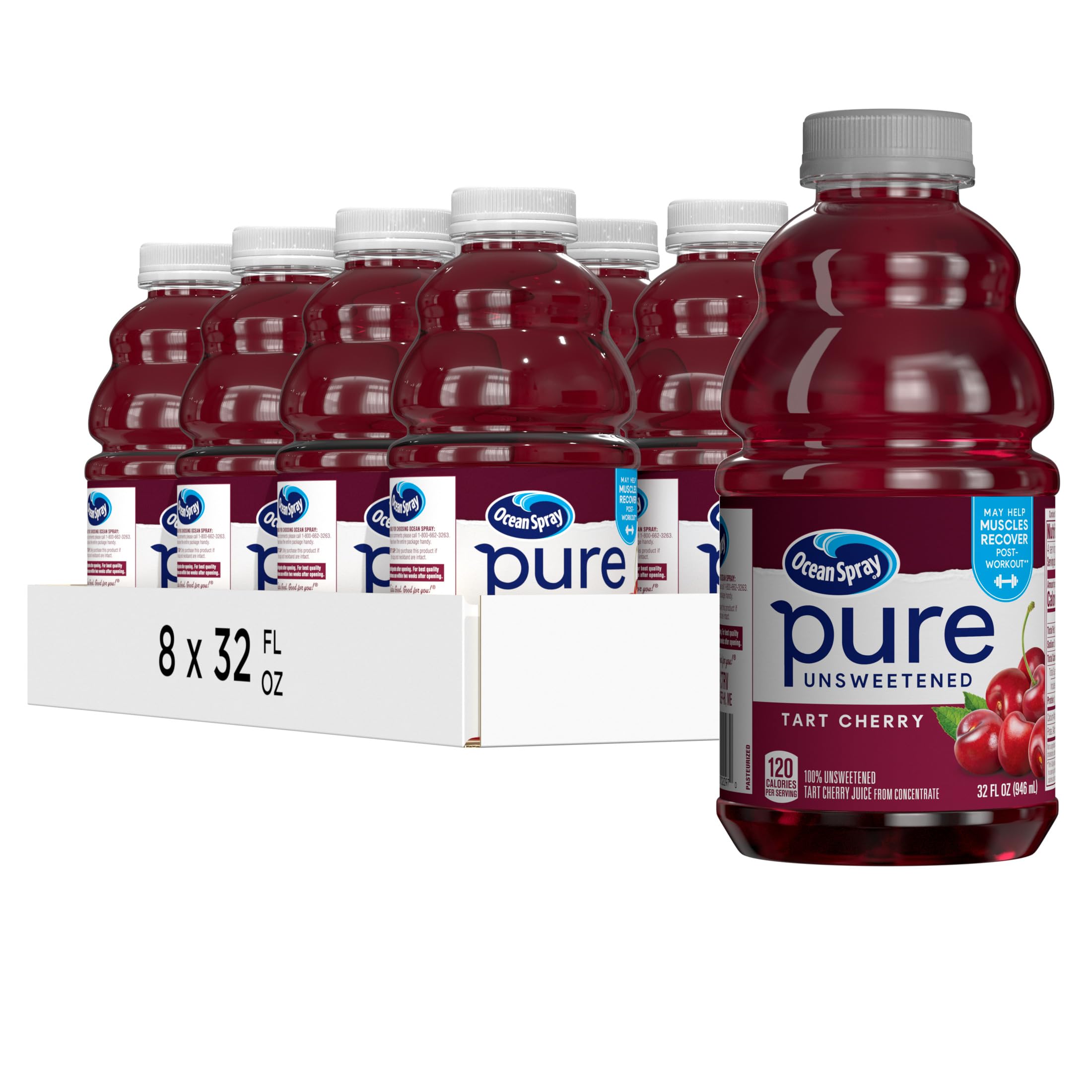 Ocean Spray® Pure Unsweetened Tart Cherry, 100% Tart Cherry Juice, 32 Fl Oz Bottle (Pack of 8)