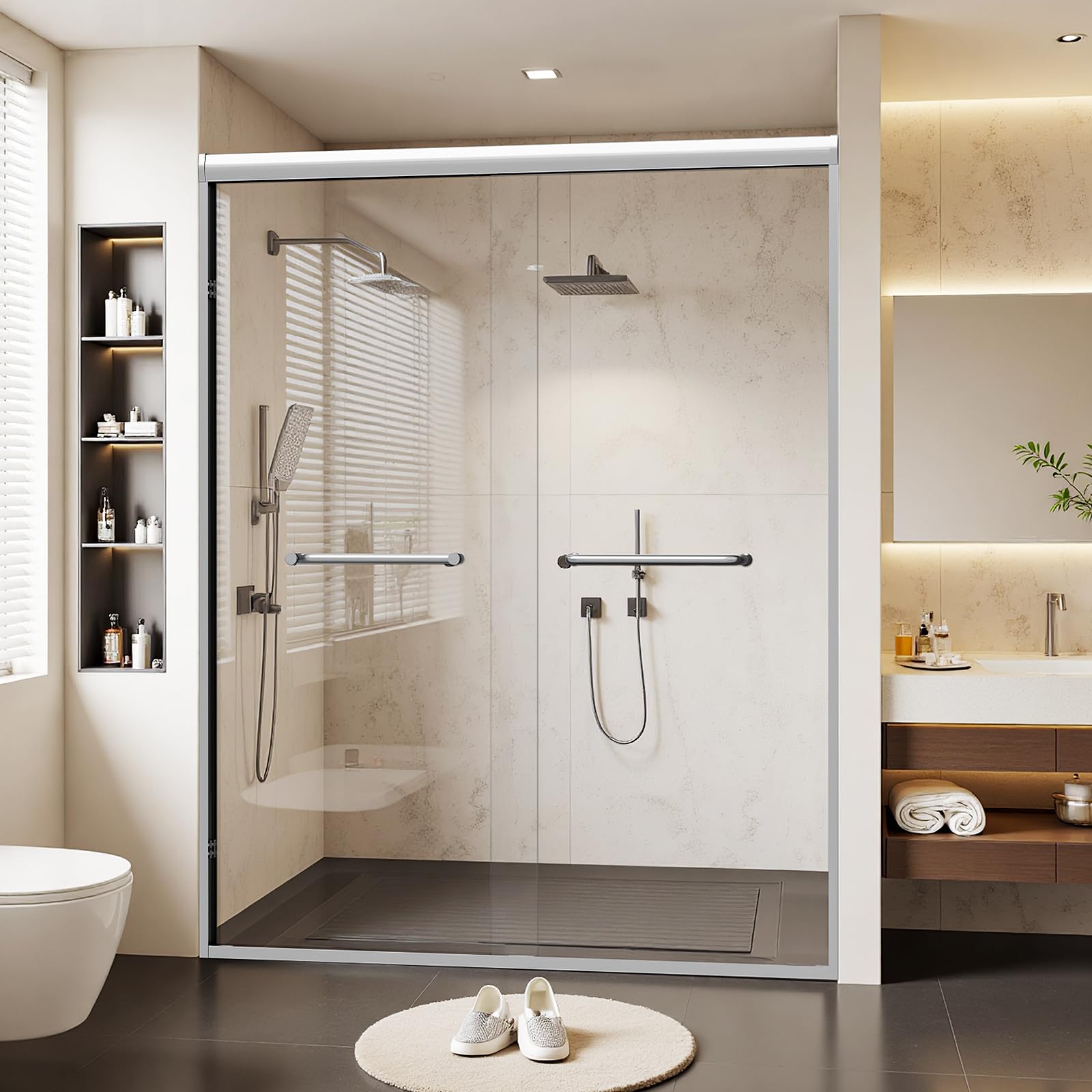 56-60" W x 72" H Semi-Frameless Double Sliding Glass Shower Door - 1/4" (6mm) SCGG Certified Tempered Glass with Explosion-Proof Film for Walk-in Showers & Bathroom Enclosures, Brushed Nickel