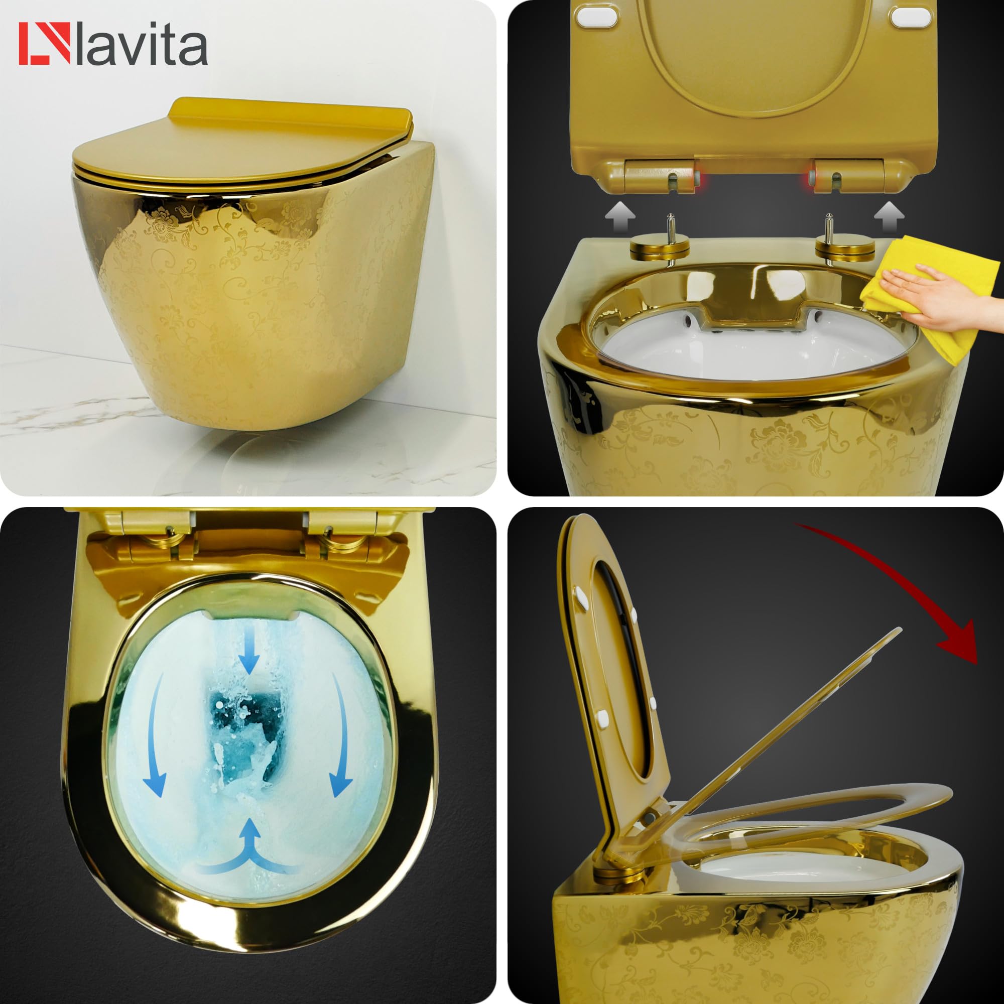 LAVITA Vorwandelement Solido Start + Wand Hänge WC Sofi Slim Golden Eye Gold Spülrandlos + WC-Sitz SoftClose Verchromter Knopf Komplettset Unterputz Spülkasten Toilette Komplett Sett WC