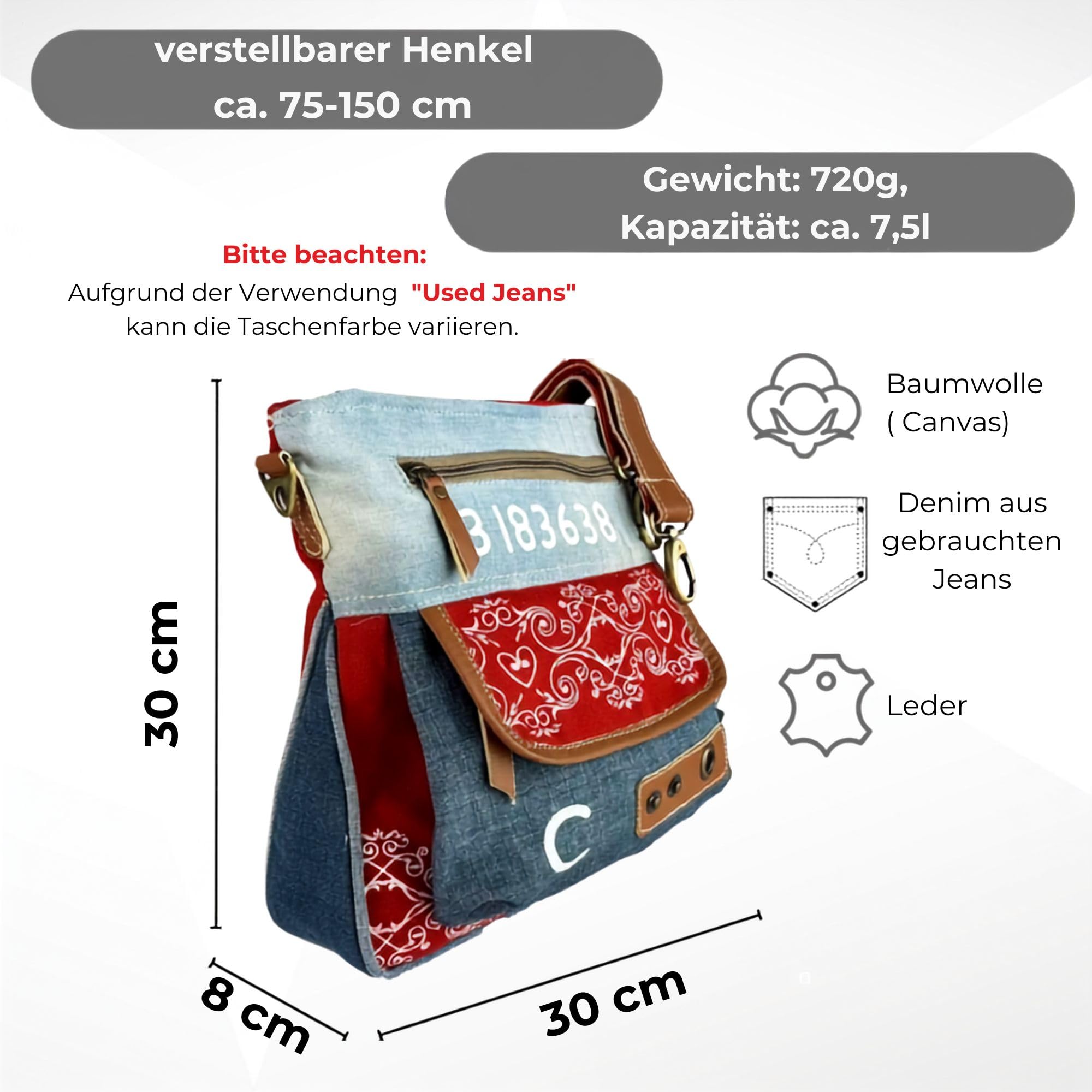 Sunsa Damen Umhängetasche. Nachhaltige Tasche aus recycelte Jeans & Canvas