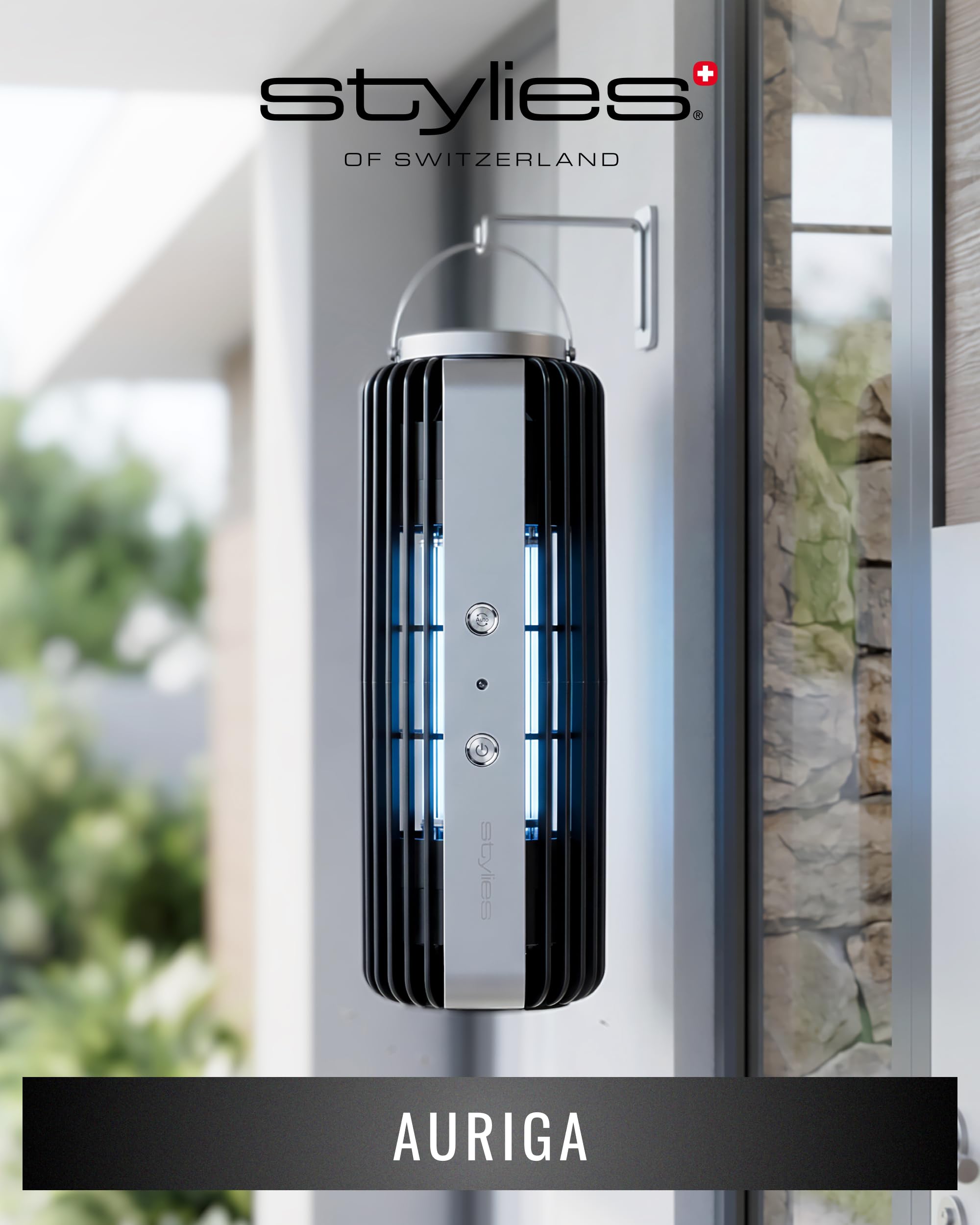 Auriga Lampada Antizanzare Elettrica con Elettroshock e Aspirazione | 8 W con sensore di luce automatico, per interni fino a 60 m²; da appoggio, parete o sospesa, con vaschetta removibile.