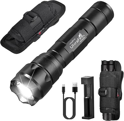 ULTRAFIRE WF-502B Linterna táctica con funda, linterna de modo único de 1000 lúmenes, linterna brillante de policía con funda para cinturón de