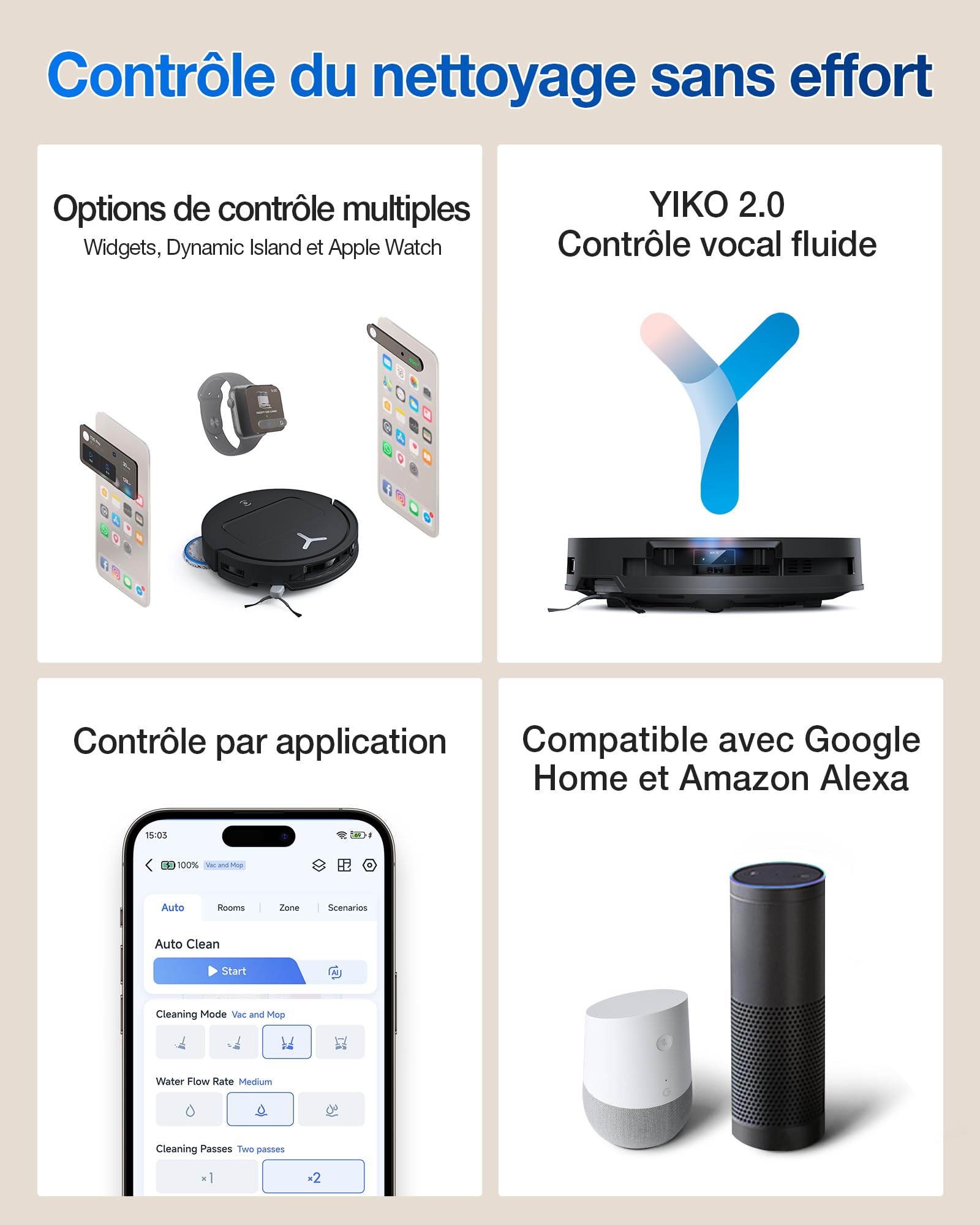 ECOVACS T50 Omni Aspirateur Robot avec Station, Puissance 15000Pa amélioré par T30 Pro Omni, Brosse latérale et serpillière Extensibles, ZeroTangle 2.0, AIVI 3D 2.0, Lavage à l'eau Chaude 75℃, Blanc