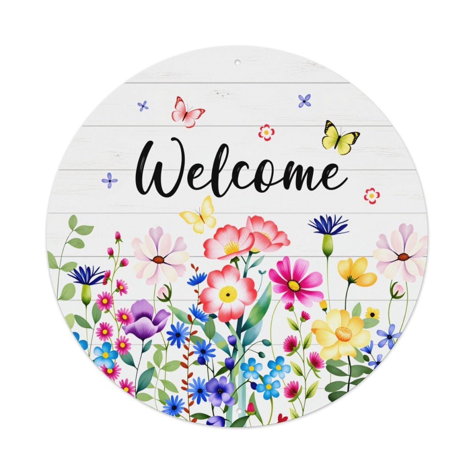 Floral Welcome Butterflies Pattern Print Round Tin Sign Vintage Metal Poster Retro Bar, Home, Man Cave, Kitchen, Laundry Room Wall Art Decor Gift 8x8Inch