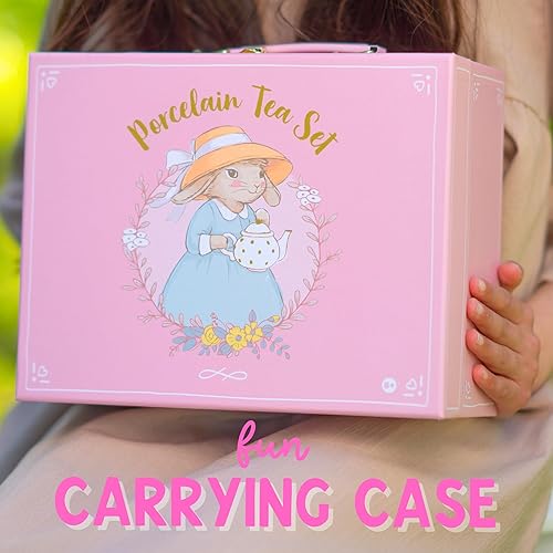 Miniatura 9 de Juego de té de porcelana para niñas, juego de fiesta de té de lunares de lavanda y oro para niños, completo juegos de té para niños con funda de