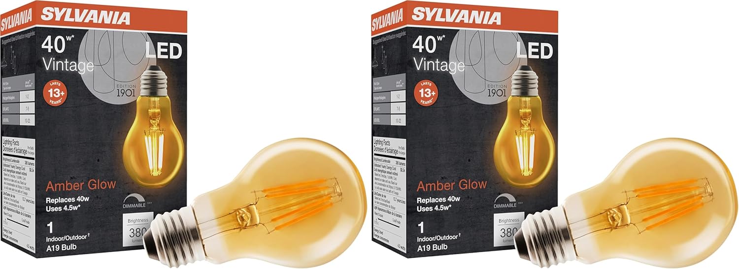Sylvania A19 LED Vintage Light Bulb, 40W Equivalent Efficient 4.5W, 13 Year, 380 Lumens, Dimmable, Amber Glow - 1 Pack (75347)