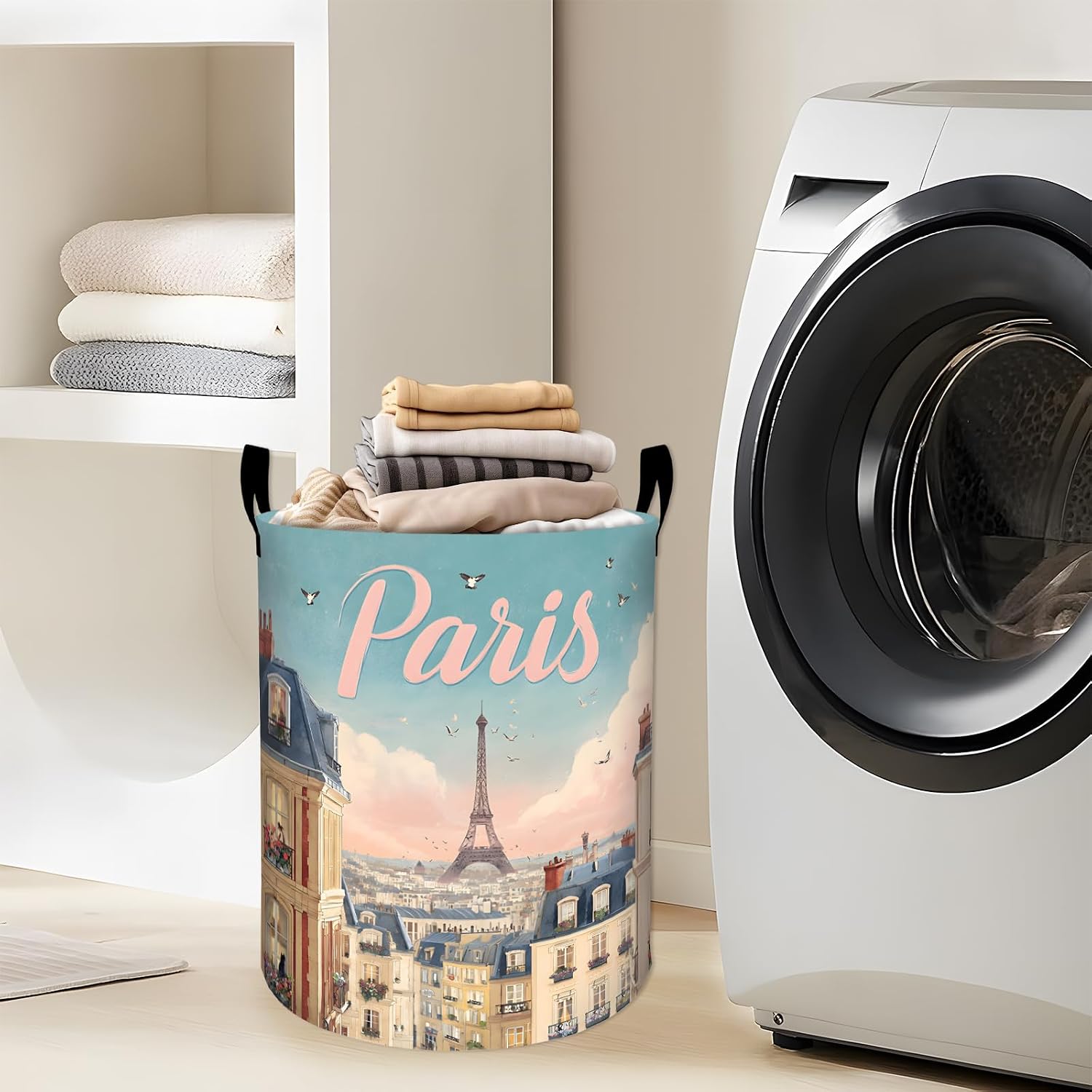 Paris City Laundry Basket, European Street Building Storage Hamper, Round Collapsible Waterproof Cloth Bin, 19.7x15.7 Inch Vintage Clothes Organizer Gifts for Bathroom Decor