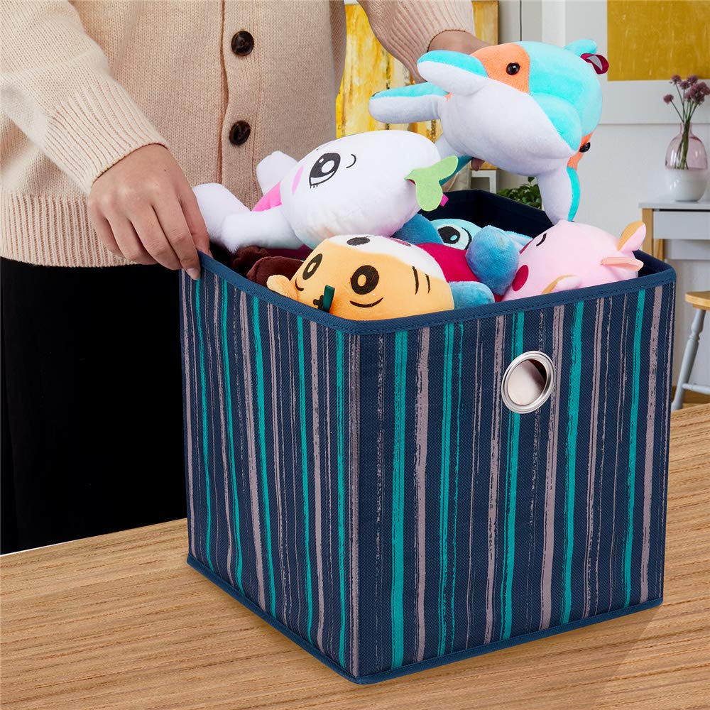 Blue Teal Fabric Cube Storage Bins Printed Vertical Stripe 11x11x 11 Foldable Cloth Storage Cube Baskets Boxes for Cubes Shelves Closet Easy-to-Carry Organizer for Any Space, QY-SC17-3