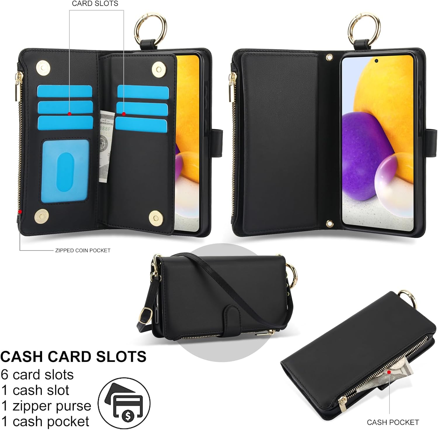 Asuwish Phone Case for Samsung Galaxy A52/A52S 5G Zipper Wallet with Tempered Glass Screen Protector Crossbody Strap Card Holder Stand Flip Cell Cover A 52 S 4G G5 52A S52 52S Women Girls Black