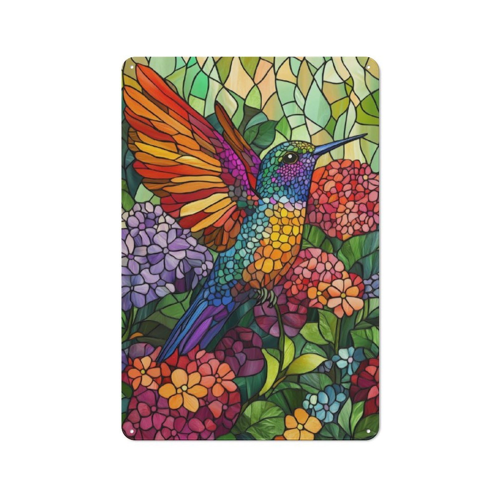 Junmoney Hummingbird In Bloom Stained Glass Vintage Metal Plaque 30X20cm Featuring For Pub Or Café, Suited To Café Interior Fans