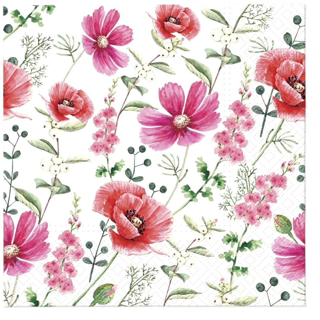 AM Décor - 20 servilletas de papel suave de 3 capas para decoupage, 13 x 13 pulgadas (desplegadas) (flores de campo, amapolas)
