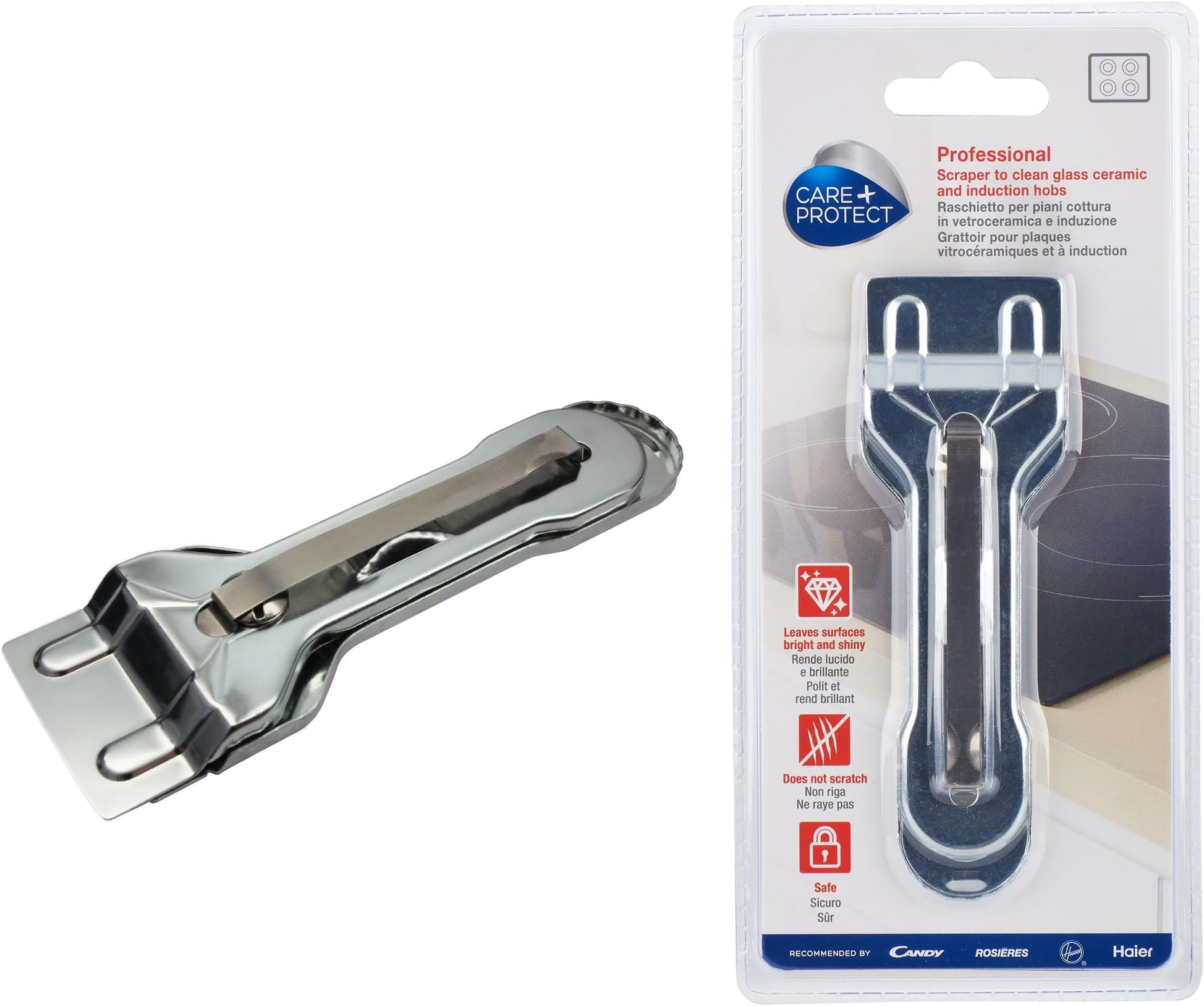 CARE + PROTECT Cleaning Scraper, Kitchen Tool for Glass, Ceramic, and Induction Hobs, No Scratch, Leaves Surfaces Bright and Shiny, Safe, Blade Replaceable