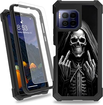 for T-Mobile Revvl 7 Pro Case,Heavy Duty Dual Layer Slim Shockproof Black Cover with Tempered Glass Screen Protector for Women Man,Black Skull