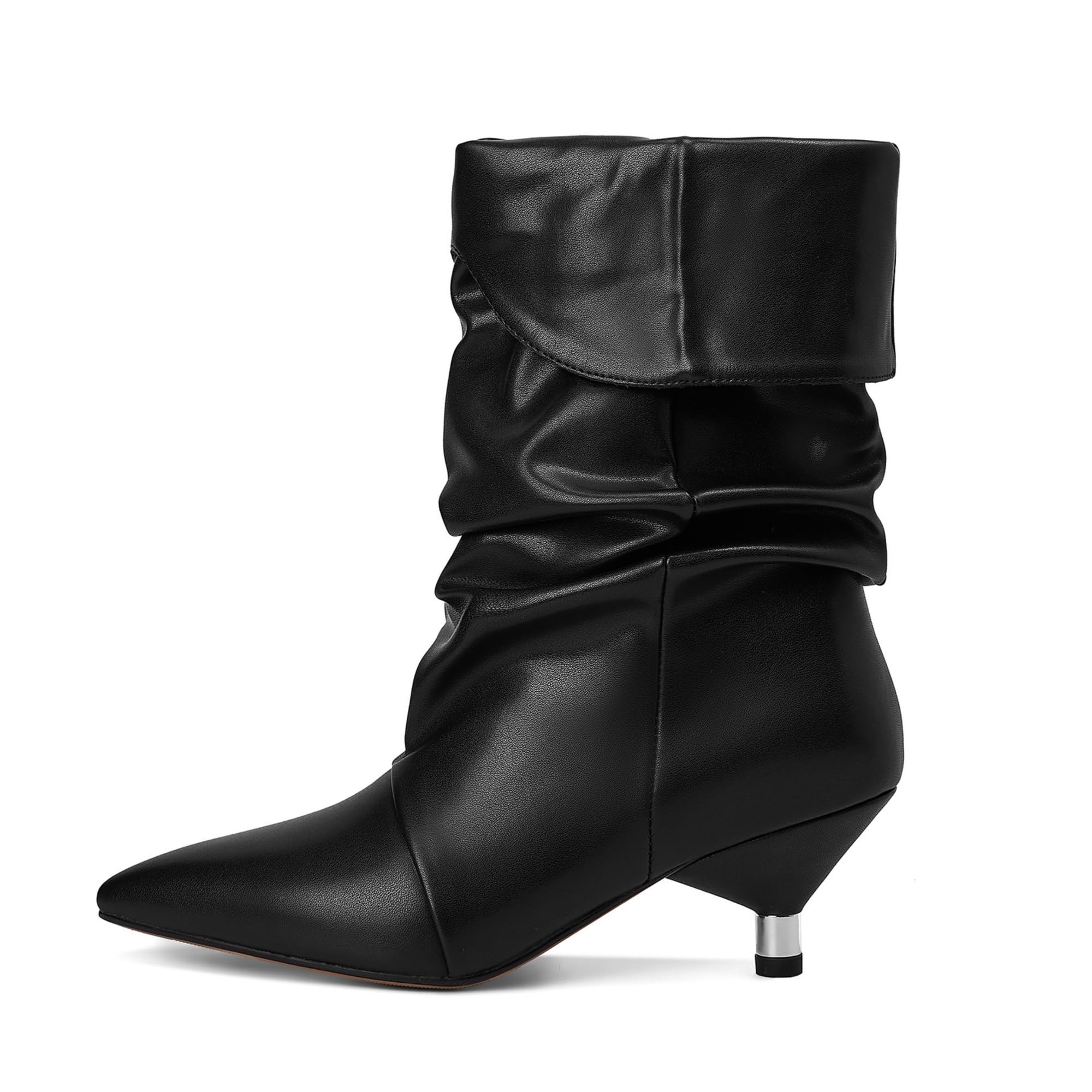 Chic Slouchy Leather Boots with Kitten Heel Pointed Toe Mid-Calf Boots Fashion Comfortable Slouch Boots for Fall and