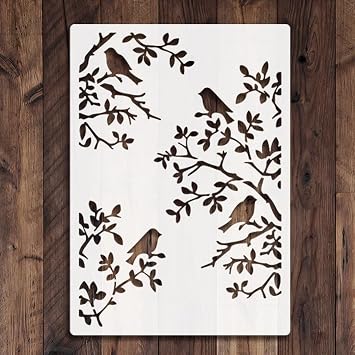 TIAMECH A4 Reusable Tree Birds on Branch Stencil for Painting | Layering Template, DIY Wall Art, Wood Furniture, Scrapbook & Crafts 8.3x11.7inch