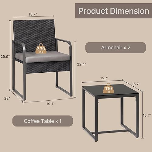 Miniatura 2 de Gizoon Juego de 3 piezas de muebles de patio tipo bistró, juego de muebles de mimbre negro para exteriores, juego moderno de sillas de ratán con