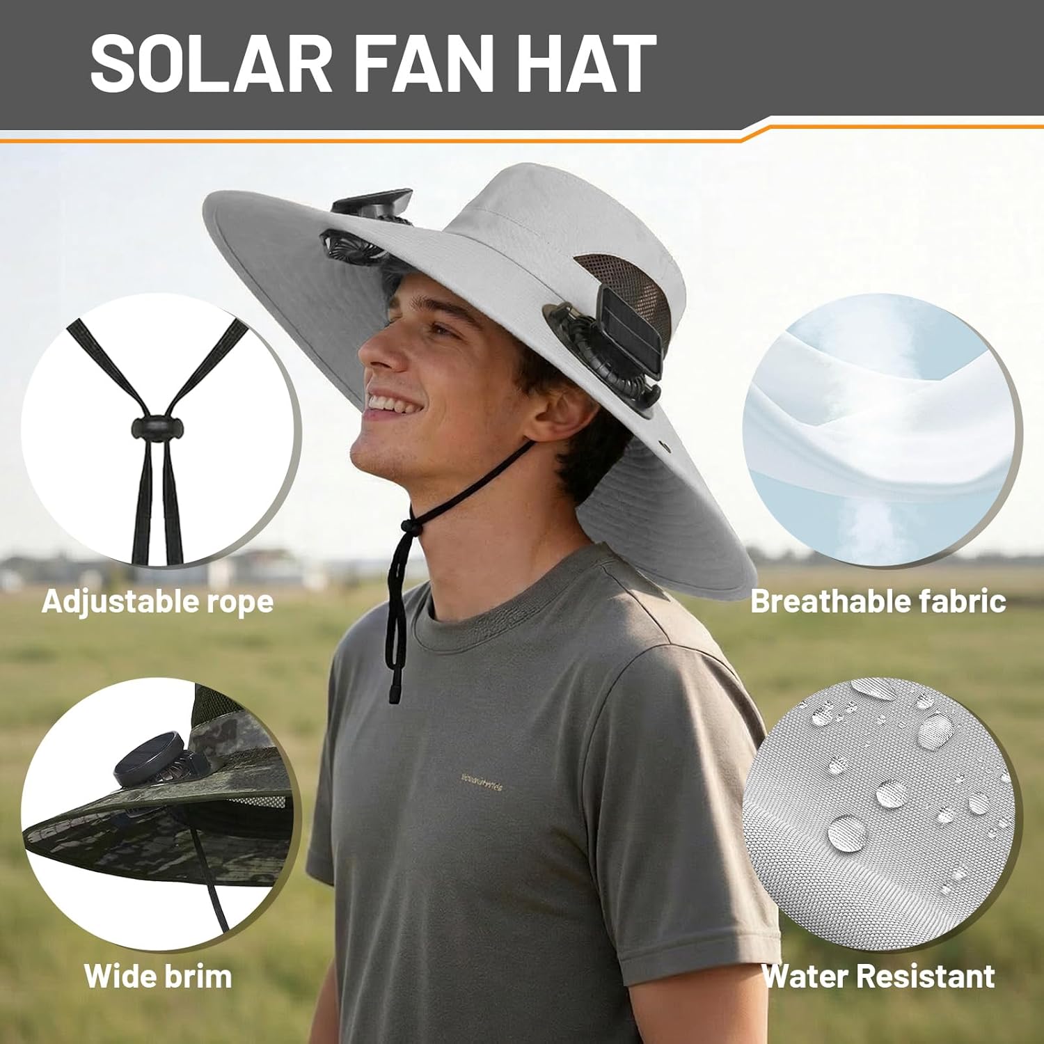 Solar Fan Hat, Wide Brim Sun Hat with 2 Built-in Solar Fans, UPF 50+ Sun Protection Outdoor Fishing Hiking Camping Beach