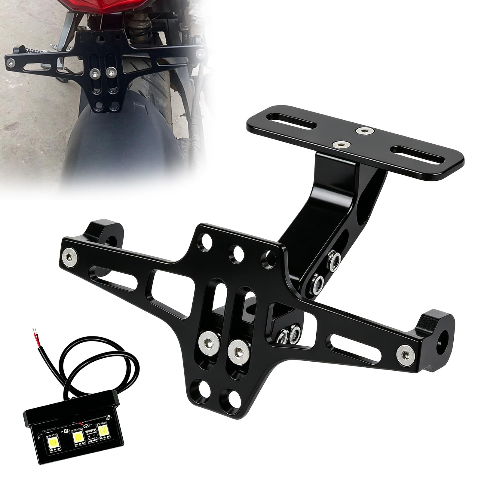 Portatarga moto, portatarga regolabile con luce LED, portatarga moto universale, supporto eliminatore parafango per la maggior parte dei modelli di moto più diffusi, nero