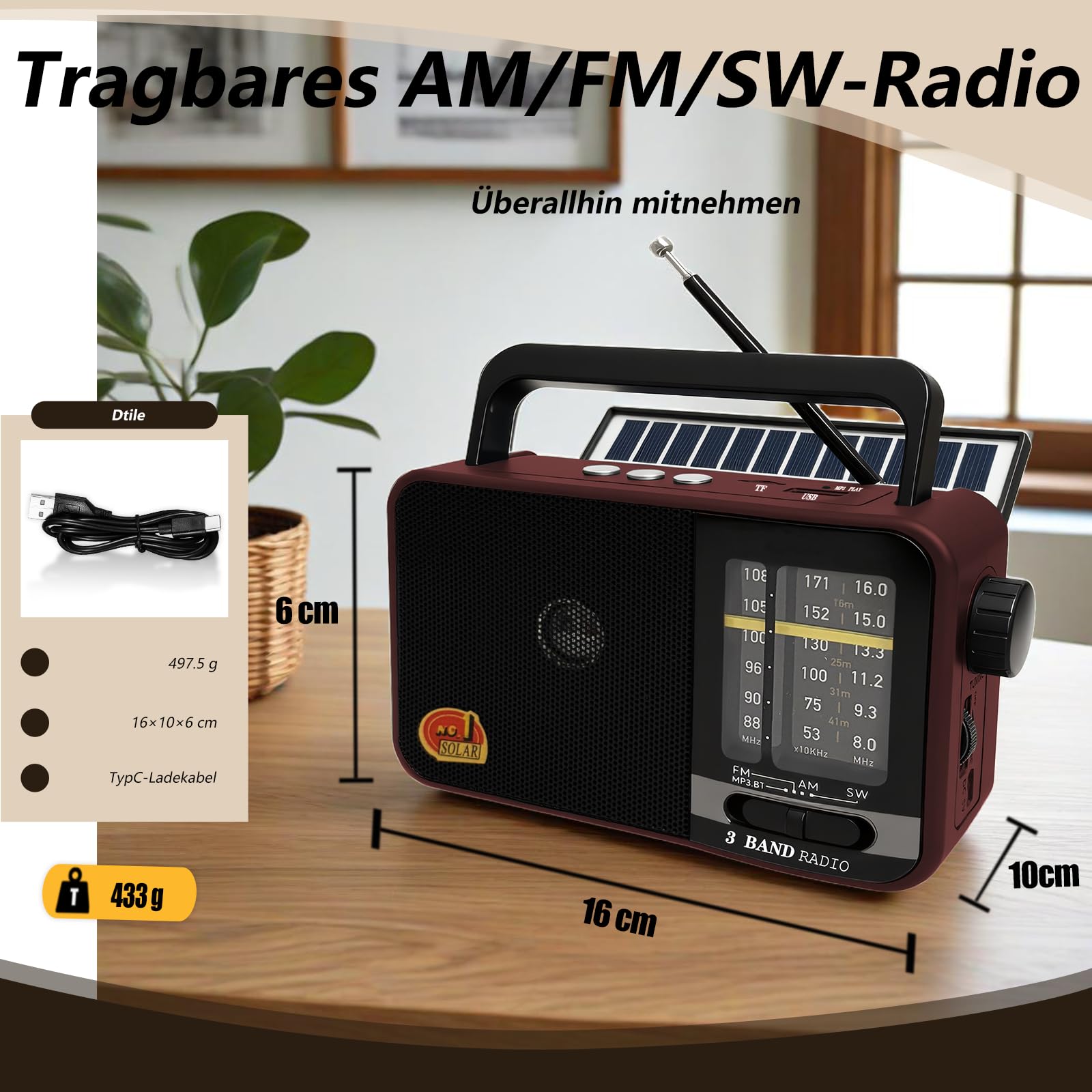 Bluetooth Radio mit Solarzelle, AM/FM/SW Kofferradio mit 1200-mAh-Akku, 8-W-Lautsprecher, USB/TF/TWS, tragbar für Küche, Garten und Camping (Red)