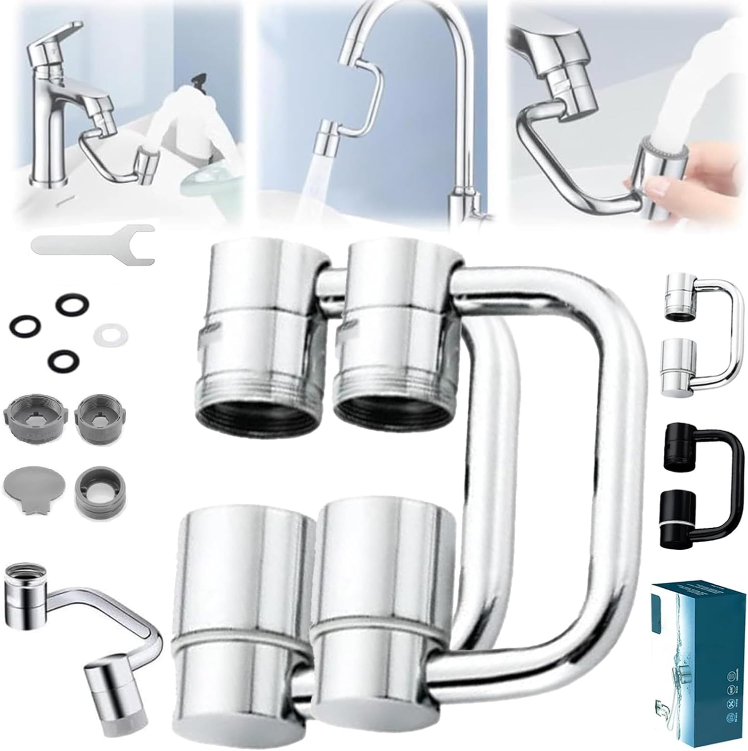 Universal Sink Faucet 1440° Rotatable Faucet Aerator Extension, U Shaped Faucet Extender, 360° Rotating Faucet Extender for Bathroom Sink/Kitchen, Sink Faucet Extender, 2 Modes Adjustable (2*Silver)
