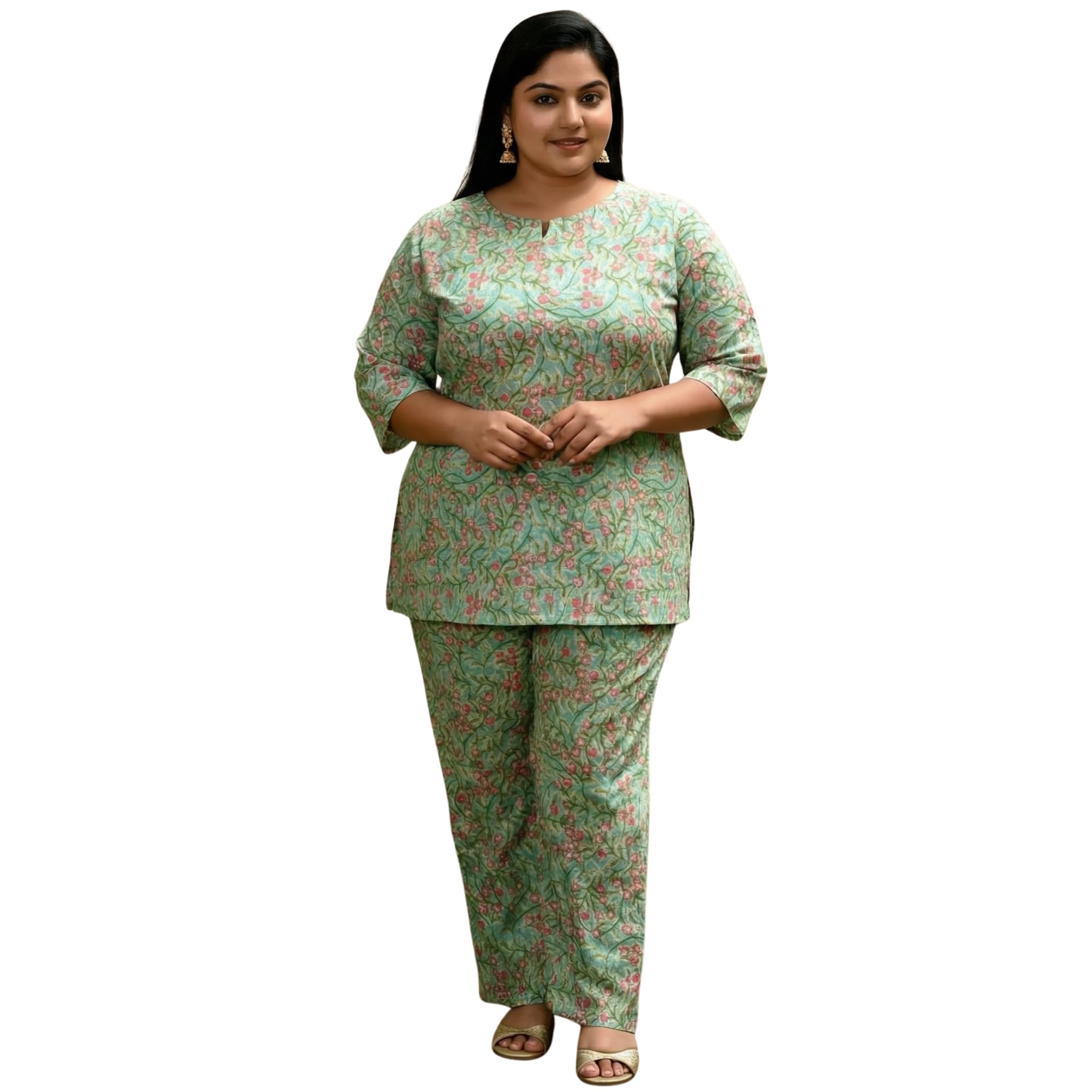 Women's Cotton Floral Printed Co-ord Set, Plus Size Nightwear Loungewear with Pockets, 3/4 Sleeve Top and Pant-image-15