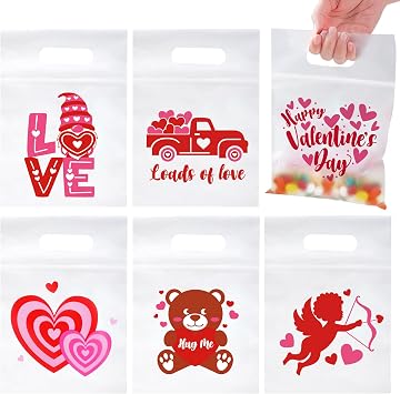 60Pcs Valentines Day Gifts Bags for Kids, Valentines Day Candy Treat Bags for Kids, Valentines Day Goodie Bags for Kid School Classroom Exchange Valentines Party Favor Cellophane Valentines Goody Bag