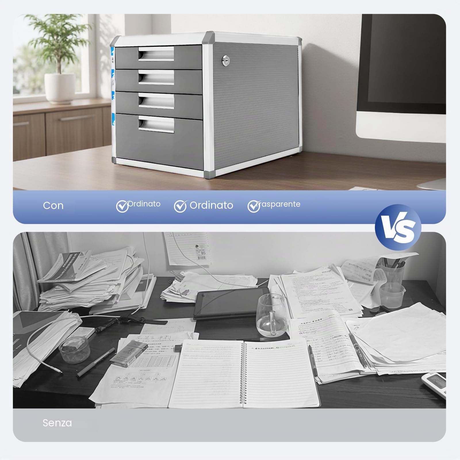 Cassettiera a 4 scomparti, con chiusura a chiave, organizer da scrivania, formato A4, organizer da tavolo, organizer per lettere, adatto per tutti gli uffici