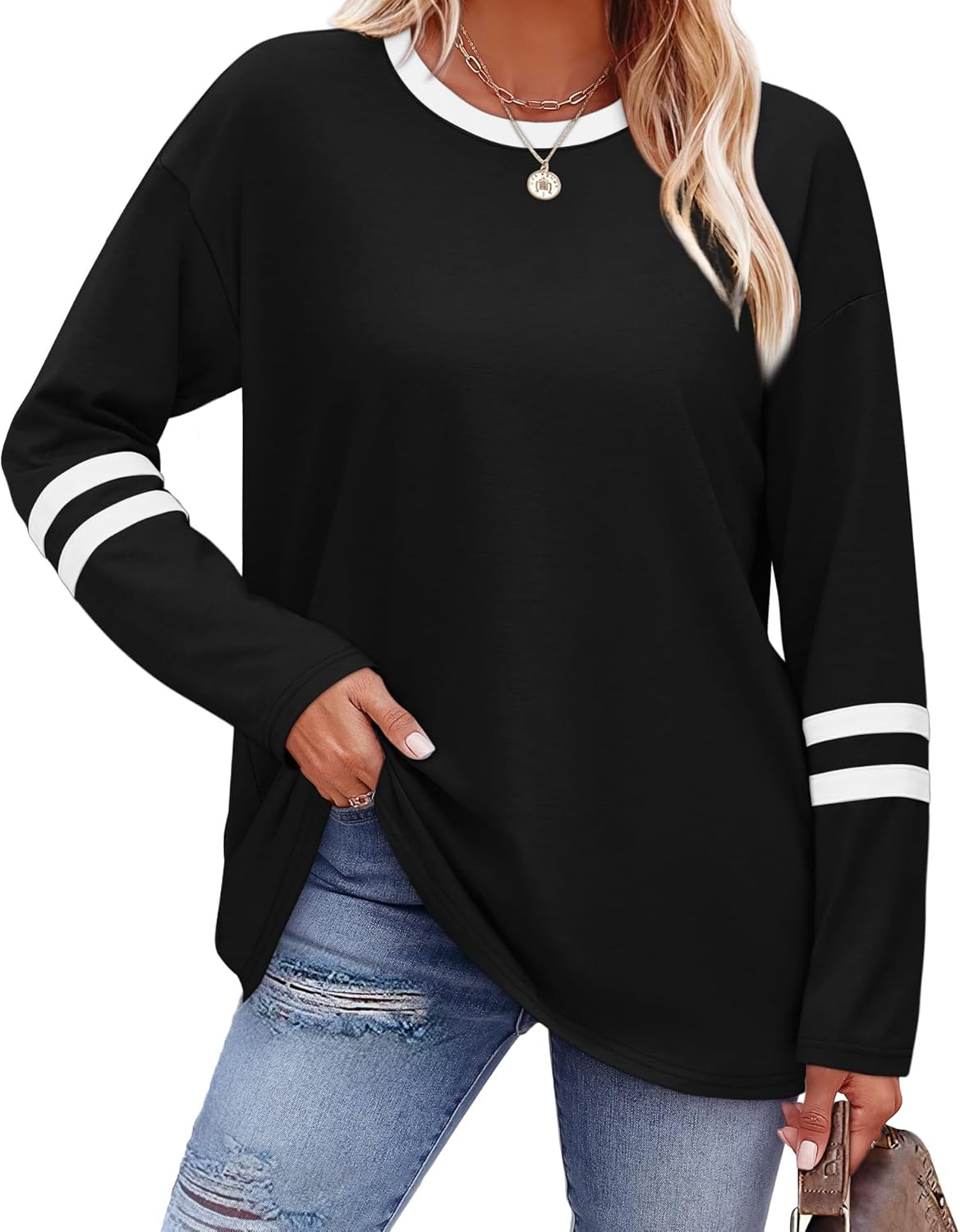 Sampeel Long Sleeve Shirts for Women Color Block Casual Tops Fall Outfits 2026 Basic Tees Trendy Spring Clothes