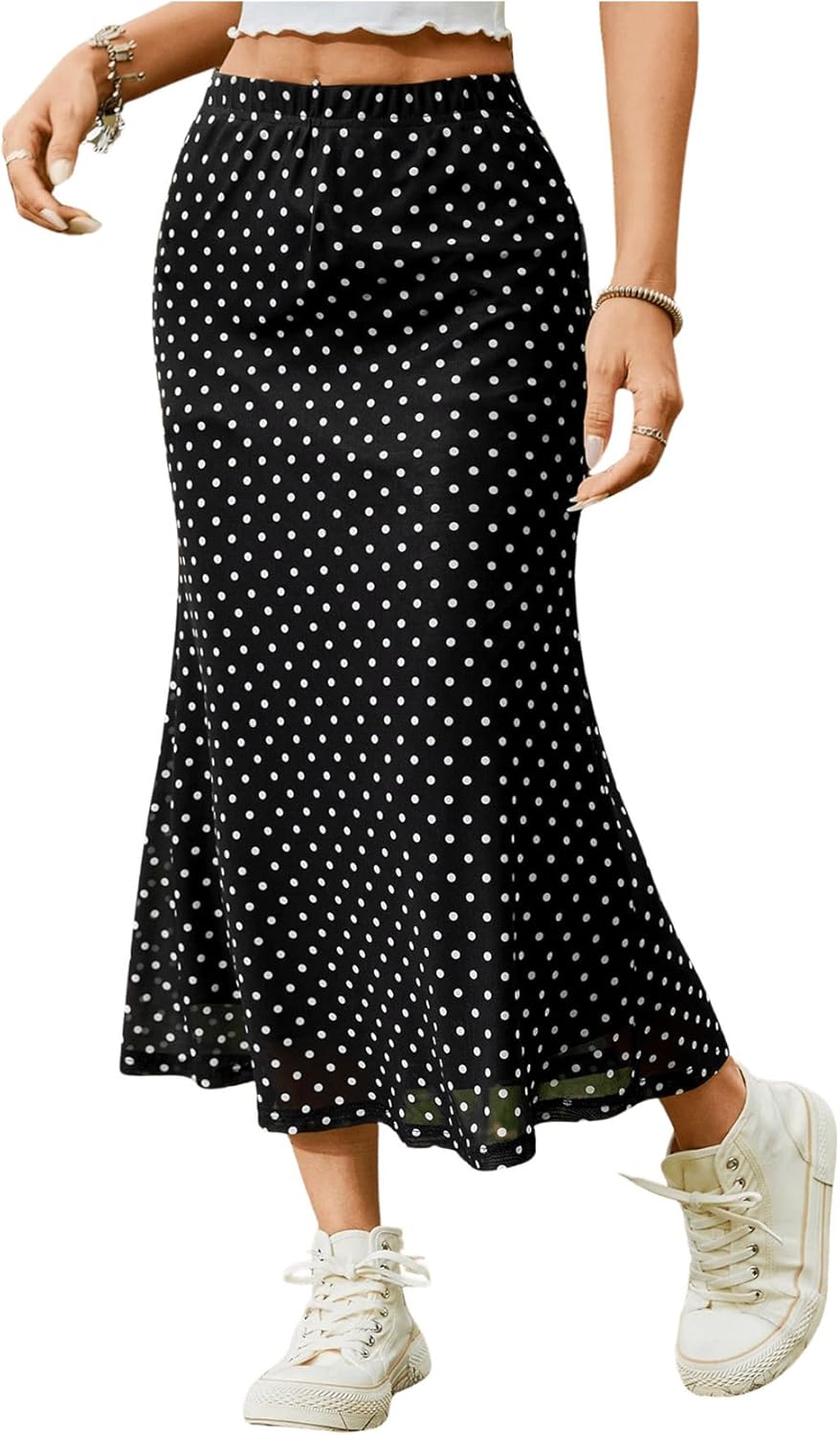Milumia Women's Polka Dots Midi Skirt Fishtail Mesh Long Skirts