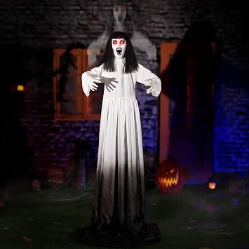 Halloween Animatronics Decorations, Animated Up & Down Haunted Ghost with Sound Activated, Spooky Sound, Lighted Eyes, Scary Move, Haunted House Holiday Decor Horror Props for Indoor Outdoor Yard Lawn