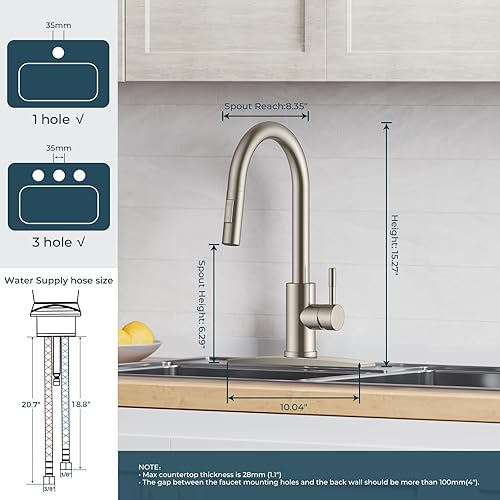 Miniatura 2 de FORIOUS Grifo de cocina con rociador extraíble, níquel cepillado, arco alto, moderno, clásico, grifo de fregadero de acero inoxidable con placa de