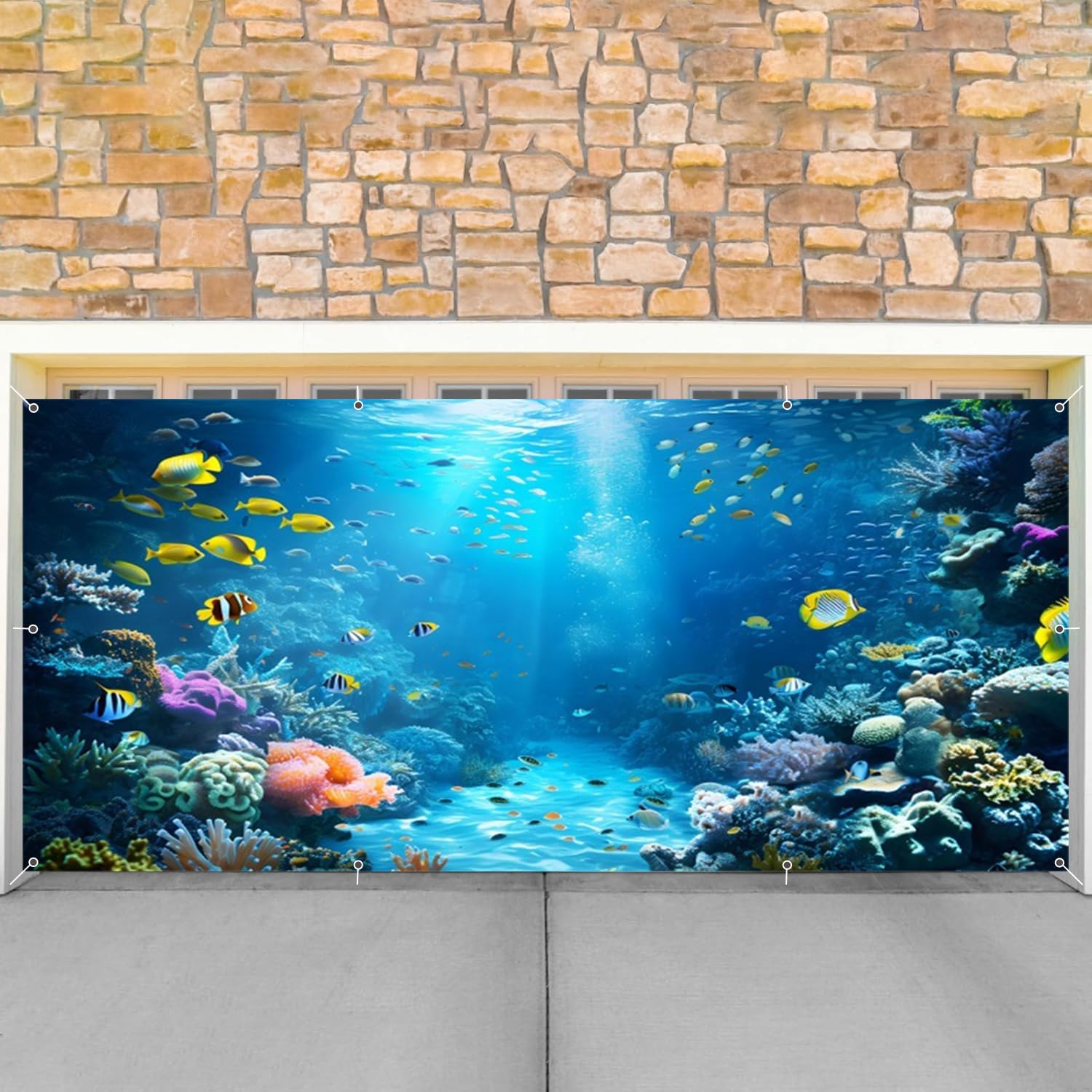 Under The Sea Garage Door Cover Banner Decorations Backdrop 8x16ft Large Underwater World Tropical Fish Coral Sunlight Seabed Garage Door Undersea Theme Birthday Party Garage Door Banner Decorations