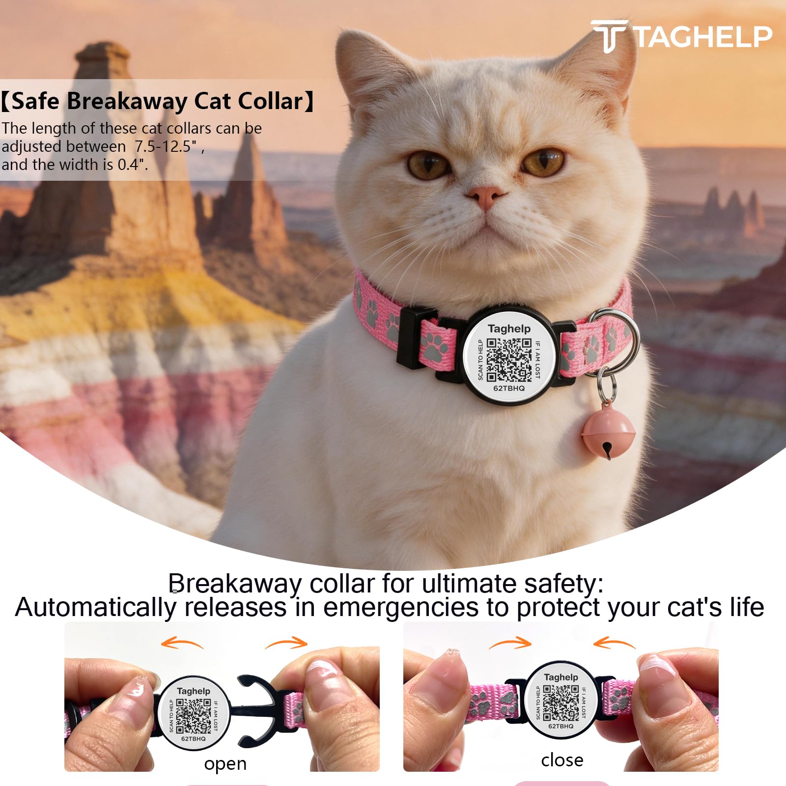 Reflektierendes Katzenhalsband mit Mond und Stern, mit QR-Code, Smart-ID-Tag und Glocken, 2 Stück, für Mädchen und Jungen, verstellbar, 19,1 - 32,5 cm, keine App, Rosa